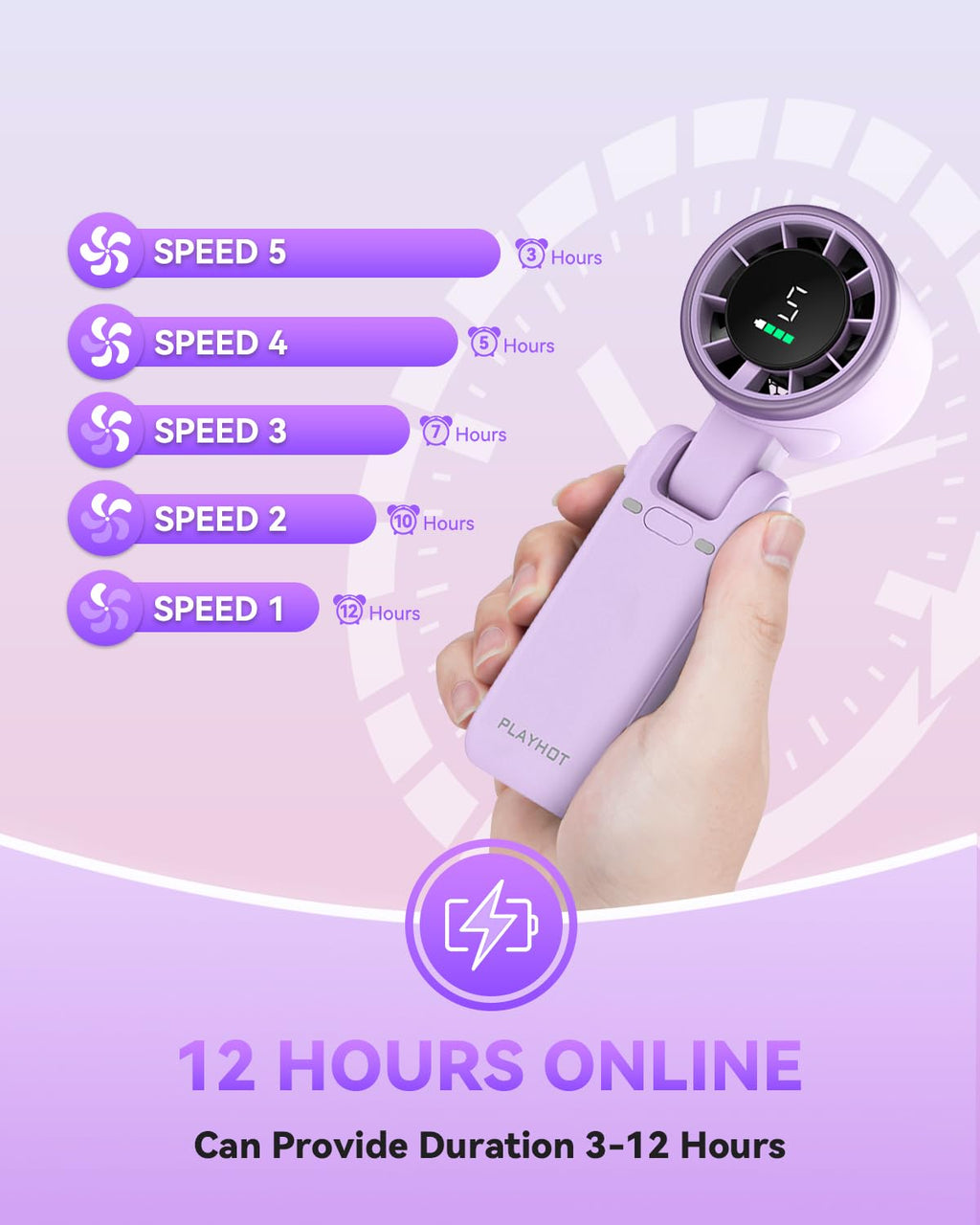 PlayHot Portable Handheld Turbo Fan, 5 Gear Wind, USB-C Rechargeable Fan, Up to 12 Working Hours, 3 IN 1 Hand Fans with Air Turbo Tech Cooling Fan for Outdoor Activities, Travel, Beach (Black)