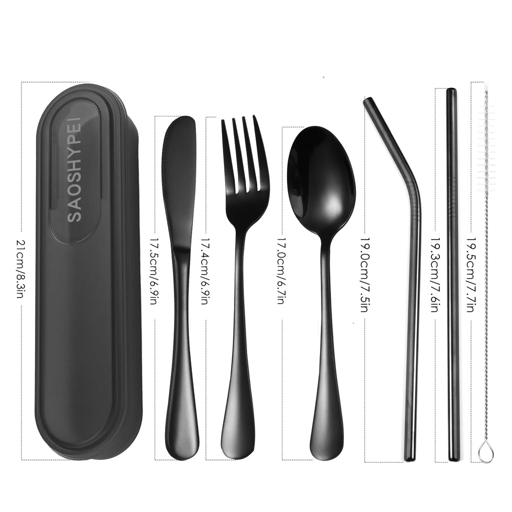 SAOSHYPEI 4-Piece Portable Utensils Set with Travel Case, Reusable Food-Grade Stainless Steel Silverware (Knife, Fork, Spoon), Dishwasher Safe Flatware for Camping, Work Lunch & Picnic, Black