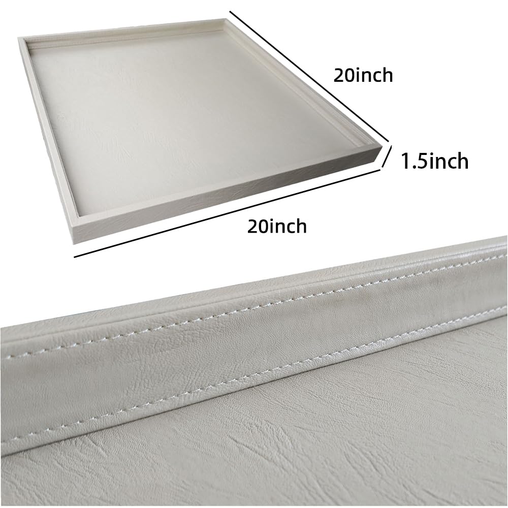 20x20 Inch Square Ottoman Tray - Faux Leather Large Serving Tray for Couch/Coffee Table, Family Dinner, Picnic, Party Decor (Beige)