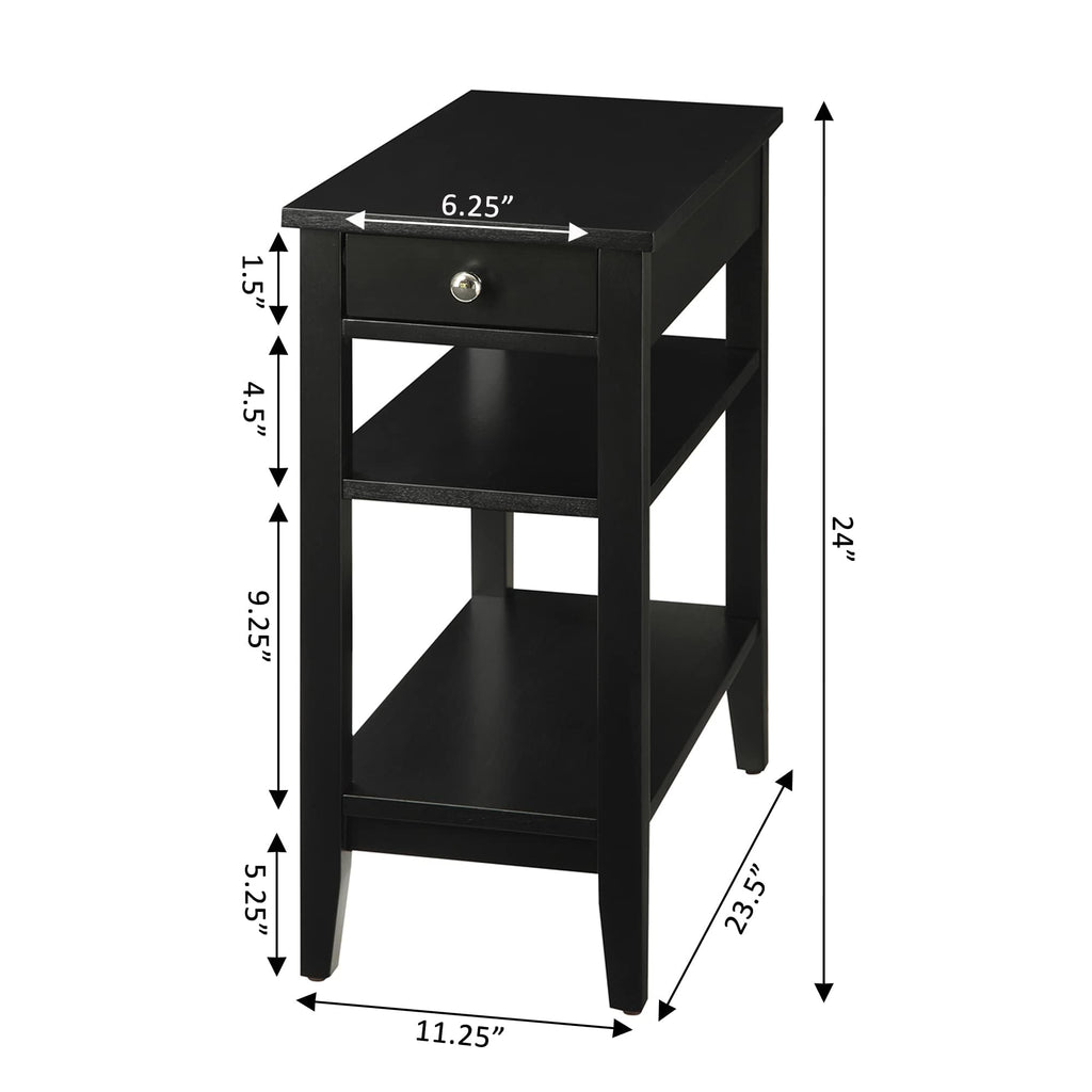 Convenience Concepts American Heritage Chairside End Table with Drawer 23.5" - Classic Living Room Table with Storage Shelf, Bedroom Nightstand, Black