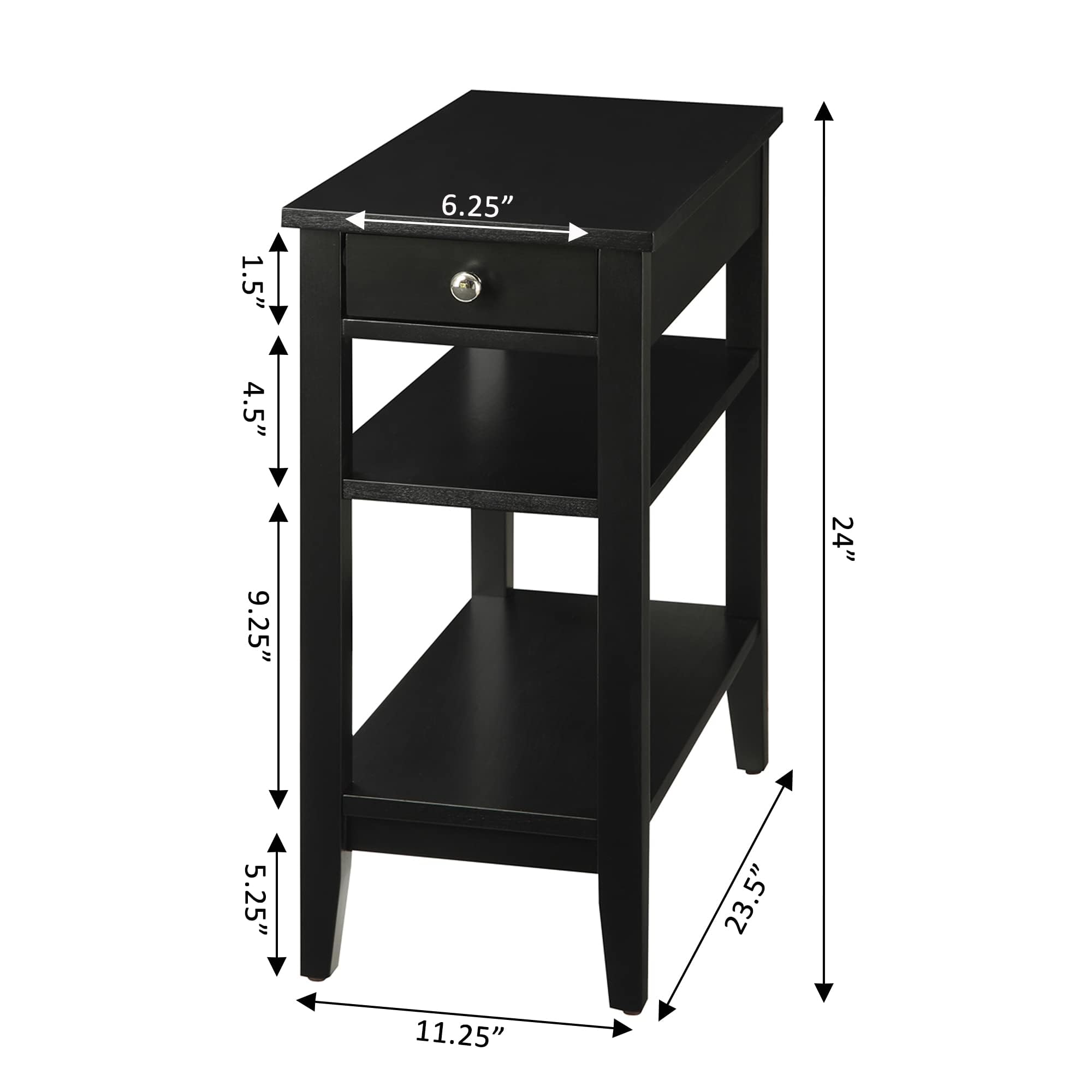 Convenience Concepts American Heritage Chairside End Table with Drawer 23.5" - Classic Living Room Table with Storage Shelf, Bedroom Nightstand, Black