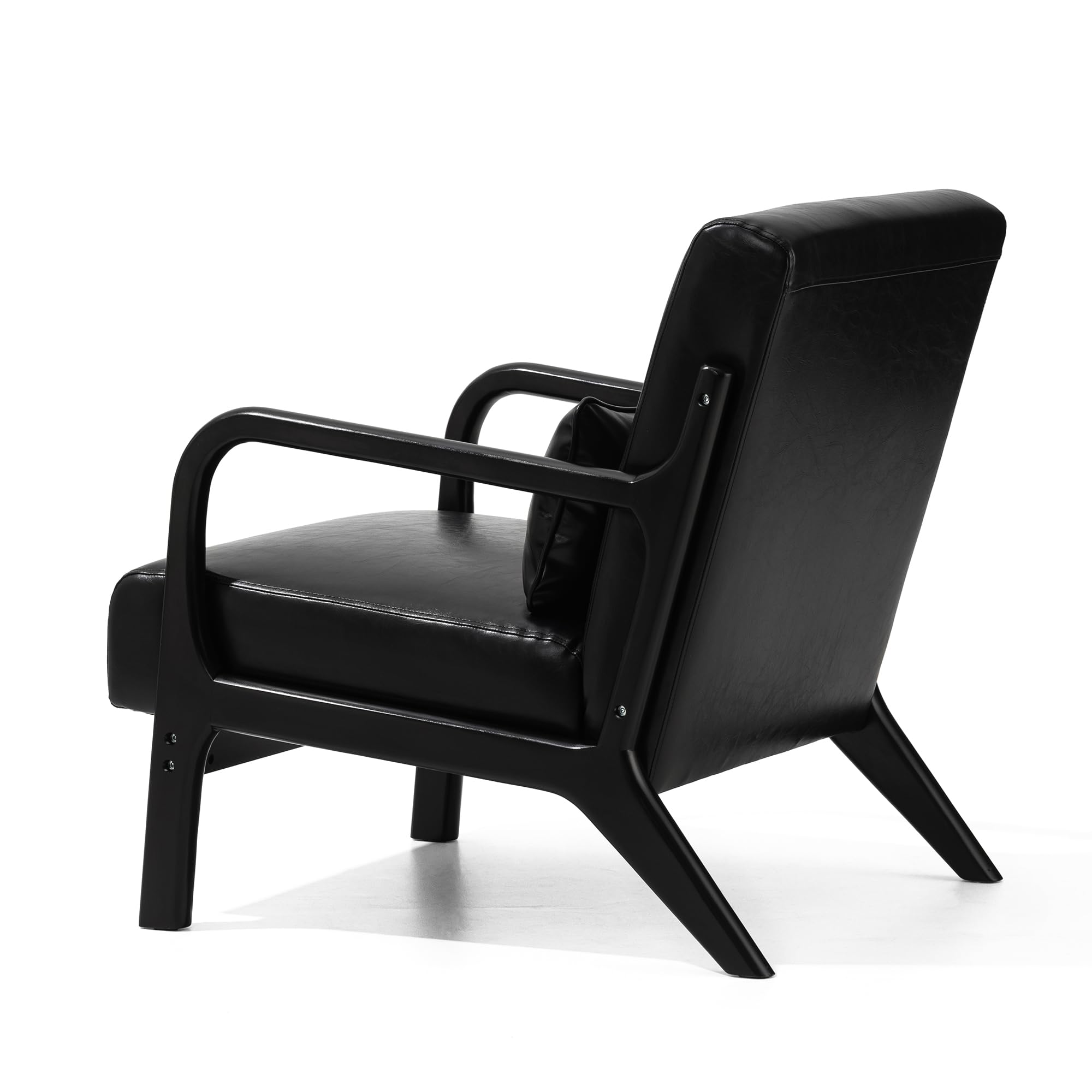 Glitzhome 2 Set Mid Century Black Accent Armchair, Single Reading Armchair PU Leather Lounge Chair with Walnut Ruberwood Frame