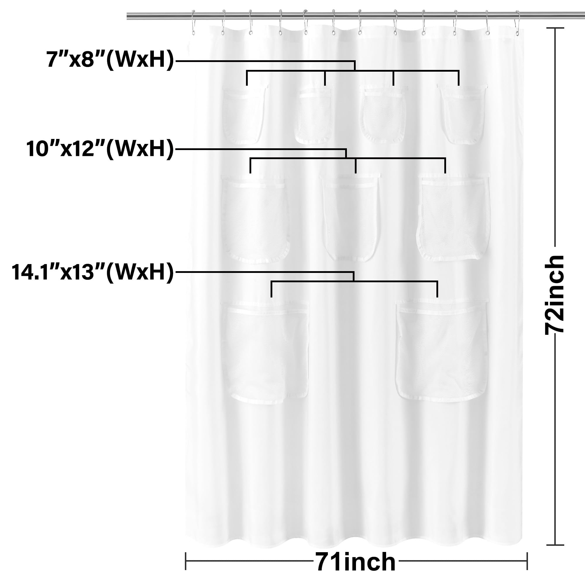 N&Y HOME Waterproof Fabric Shower Curtain or Liner with 9 Mesh Pockets - Black, 71x72 Inches