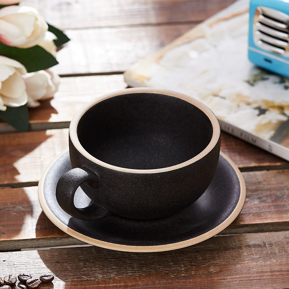 Coffeezone Vintage Design 12 oz Ceramic Latte Art Cappuccino Barista Cup with Saucer (Beige)