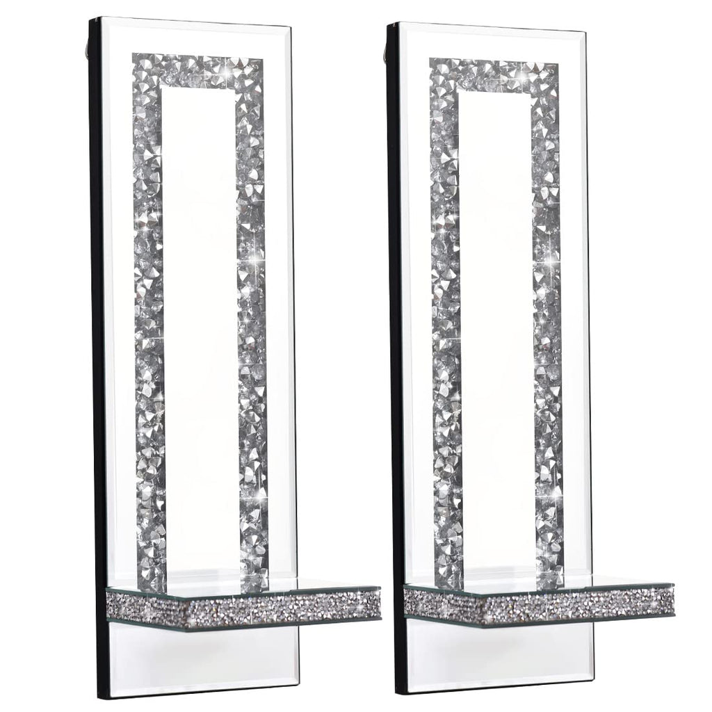 Aeveco Crystal Crush Diamond Mirrored Candle Sconces, Silver Wall Candle Holder Set of 2, Wall Decorations for Living Room，Dining Room (Rectangle (Style 4))