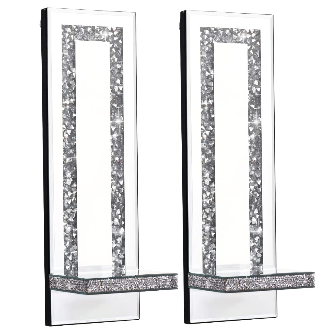 Aeveco Crystal Crush Diamond Mirrored Candle Sconces, Silver Wall Candle Holder Set of 2, Wall Decorations for Living Room，Dining Room (Rectangle (Style 4))