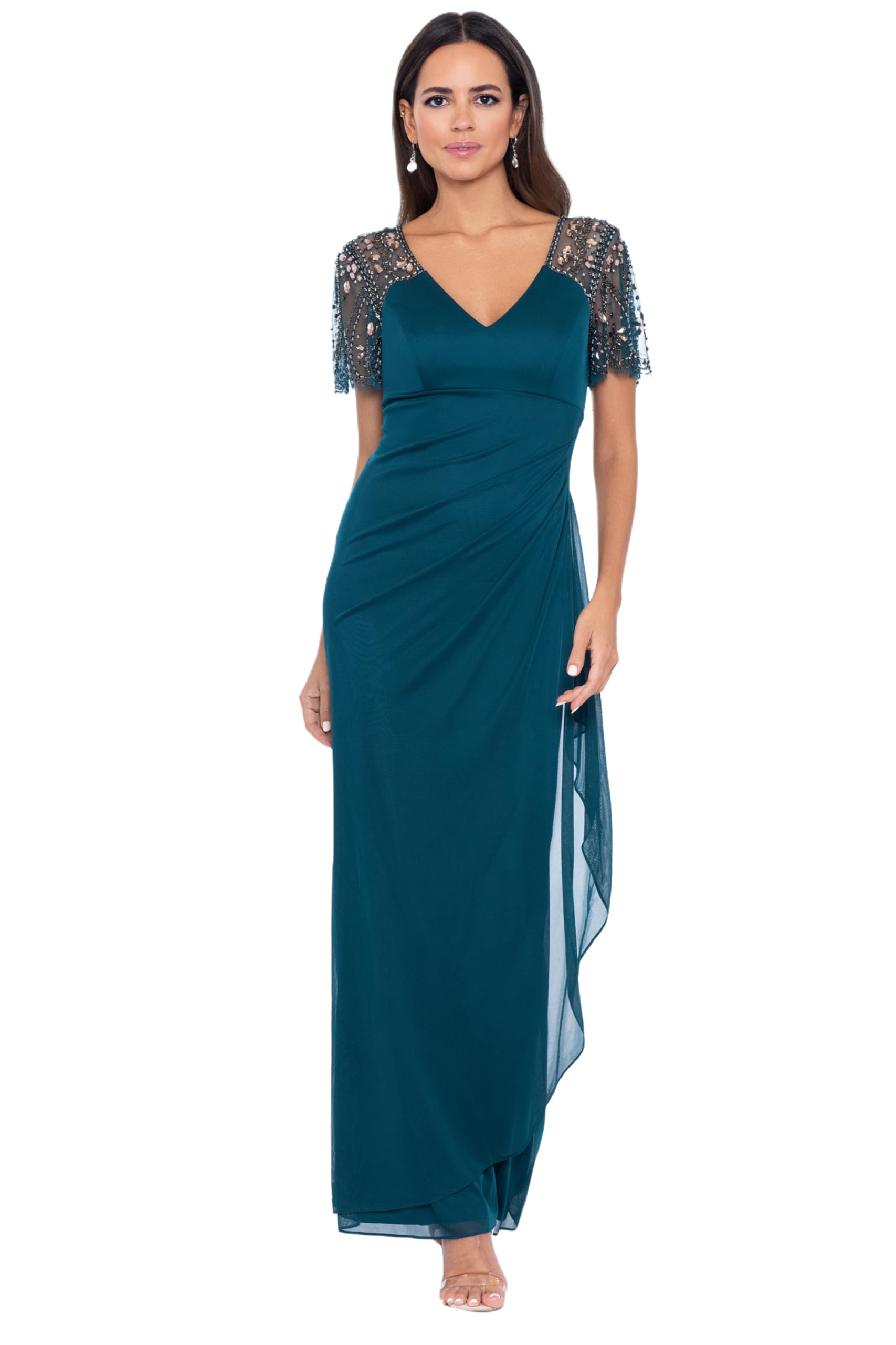 Xscape Floor Length Jersey Knit Evening Gown with V-Neckline, Beaded Flutter Sleeves and Ruched Draping