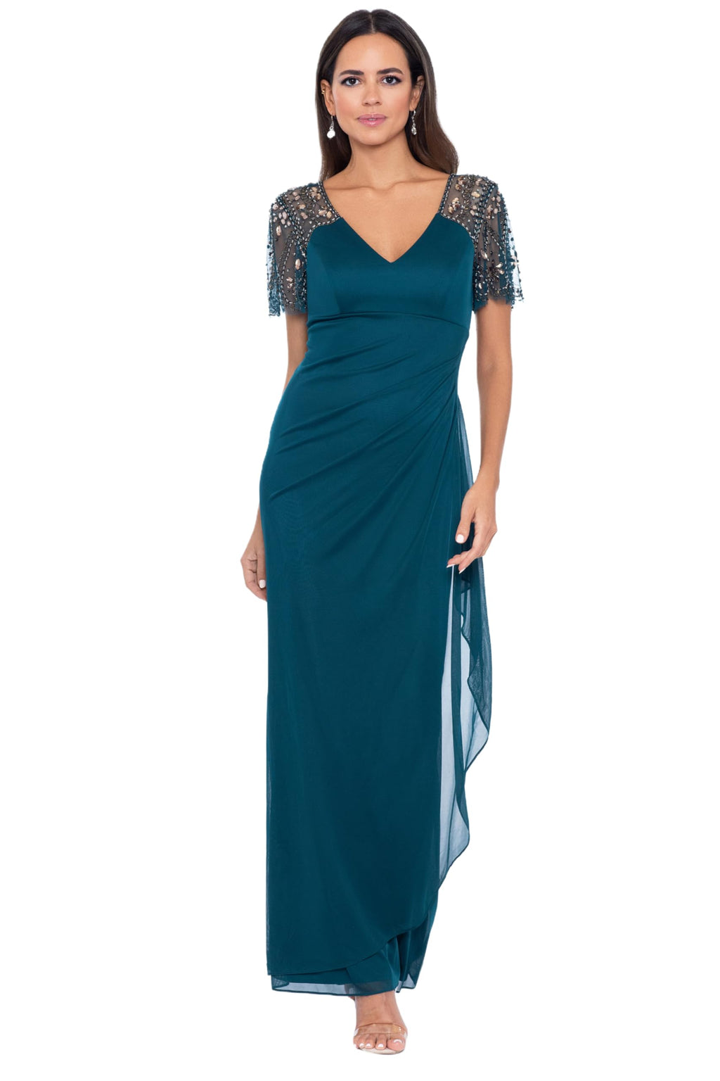 Xscape Floor Length Jersey Knit Evening Gown with V-Neckline, Beaded Flutter Sleeves and Ruched Draping