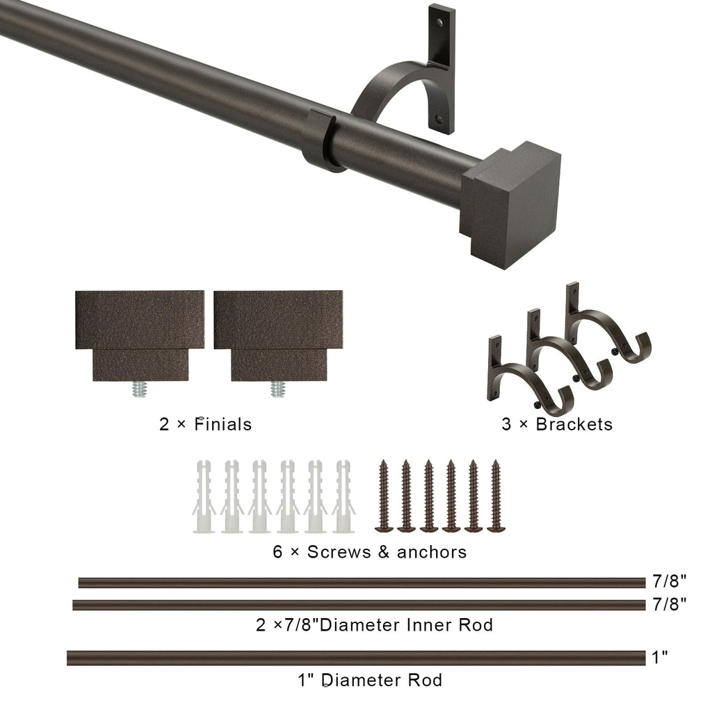 Single Curtain Rods for Windows 28 to 48 Inch(2.3-4ft),1 Inch Diameter Adjustable Heavy Duty Drapery Rods,with Modern Square Aluminum Alloy Finials,Antique Bronze