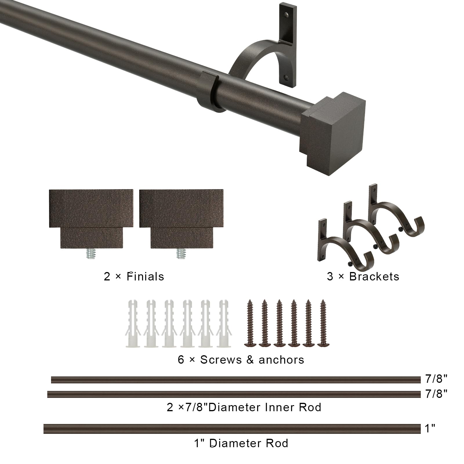 Single Curtain Rods for Windows 28 to 48 Inch(2.3-4ft),1 Inch Diameter Adjustable Heavy Duty Drapery Rods,with Modern Square Aluminum Alloy Finials,Antique Bronze