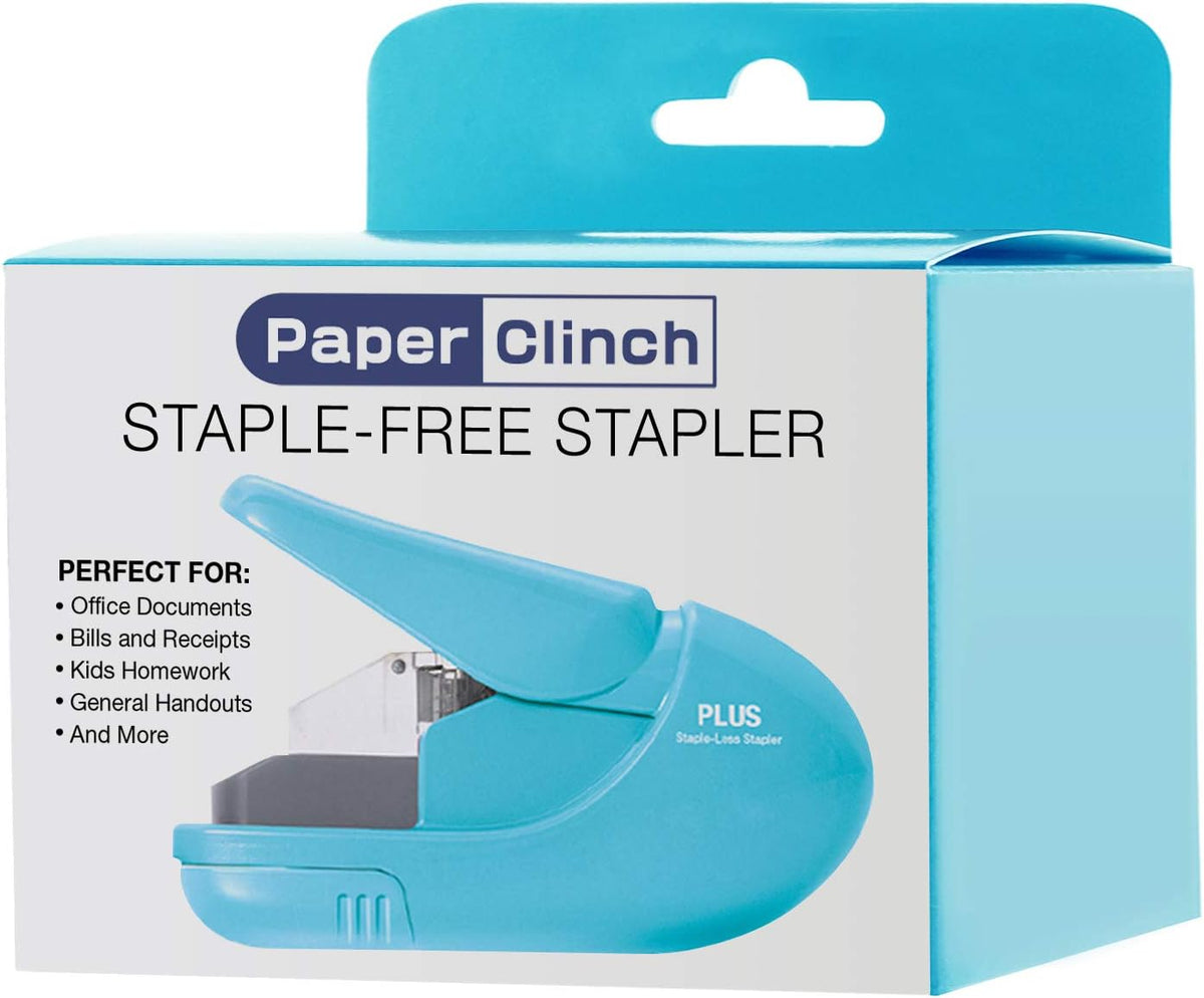 Plus Paper Clinch Compact Staple-Free Stapler, Blue Turquoise