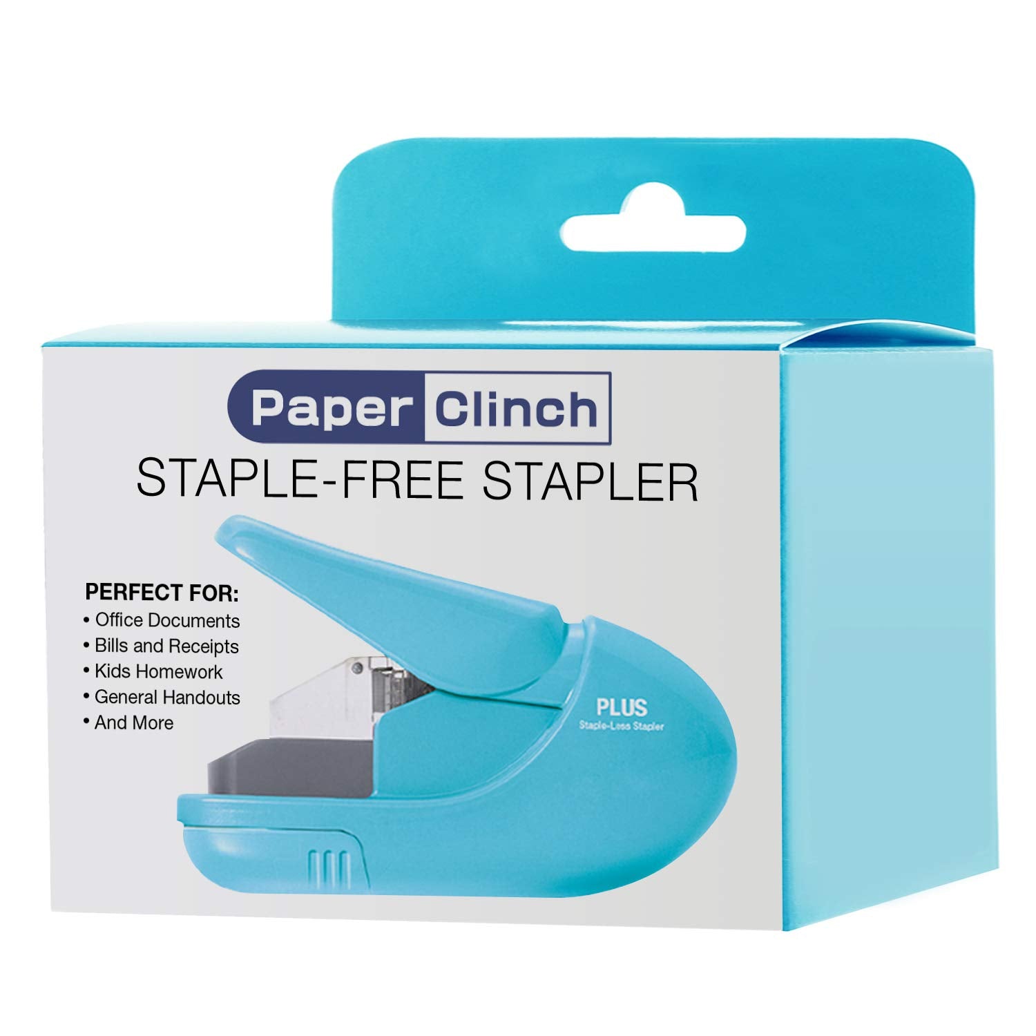 Plus Paper Clinch Compact Staple-Free Stapler, Blue Turquoise