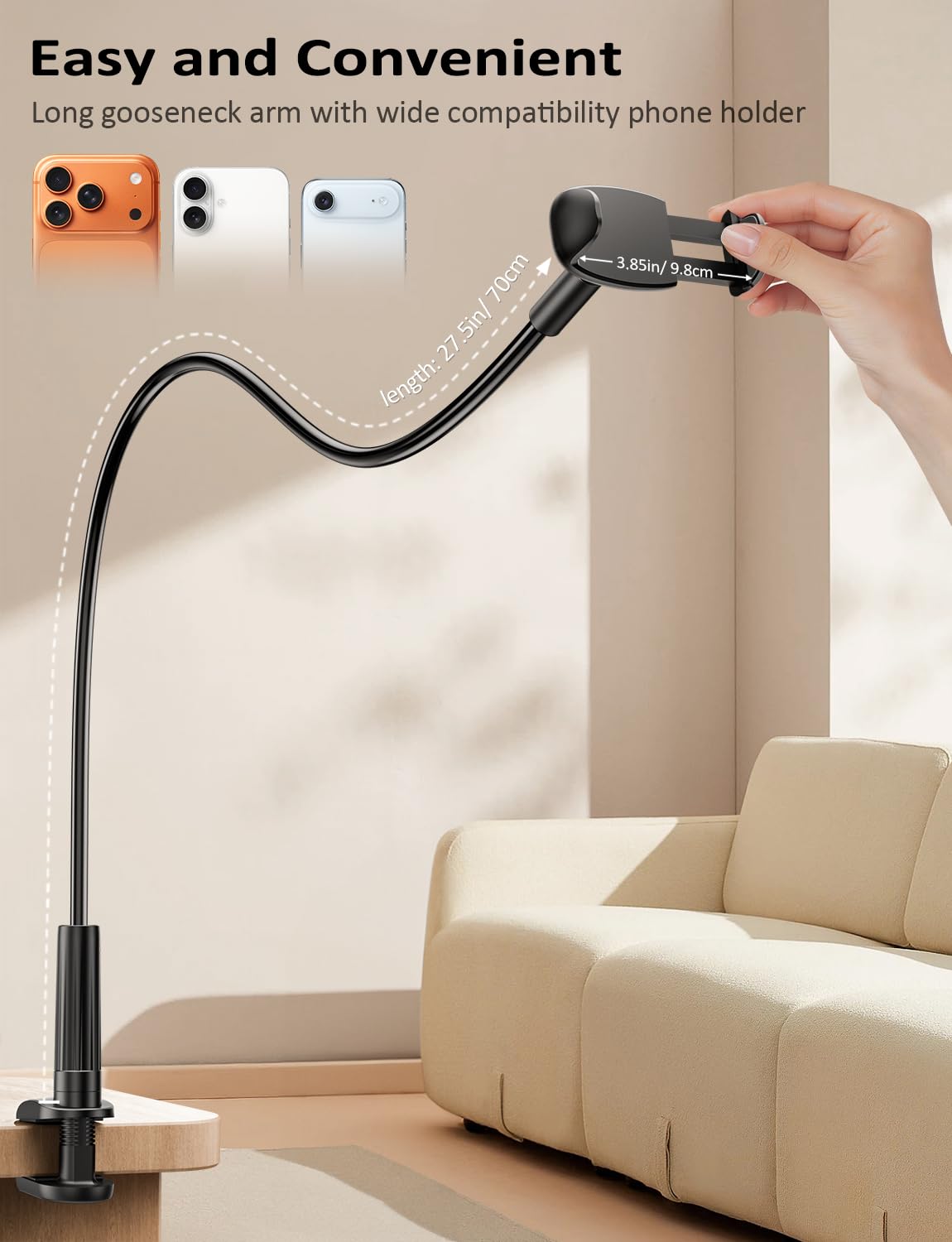 Tryone Gooseneck Phone Holder Hands-Free for Phone Viewing Or Recording, Adjustable Stable Metal Cell Stand Mount for Desk Table Bed, Soporte para Celular, Fits 4-7 Phones Including iPhone - Black