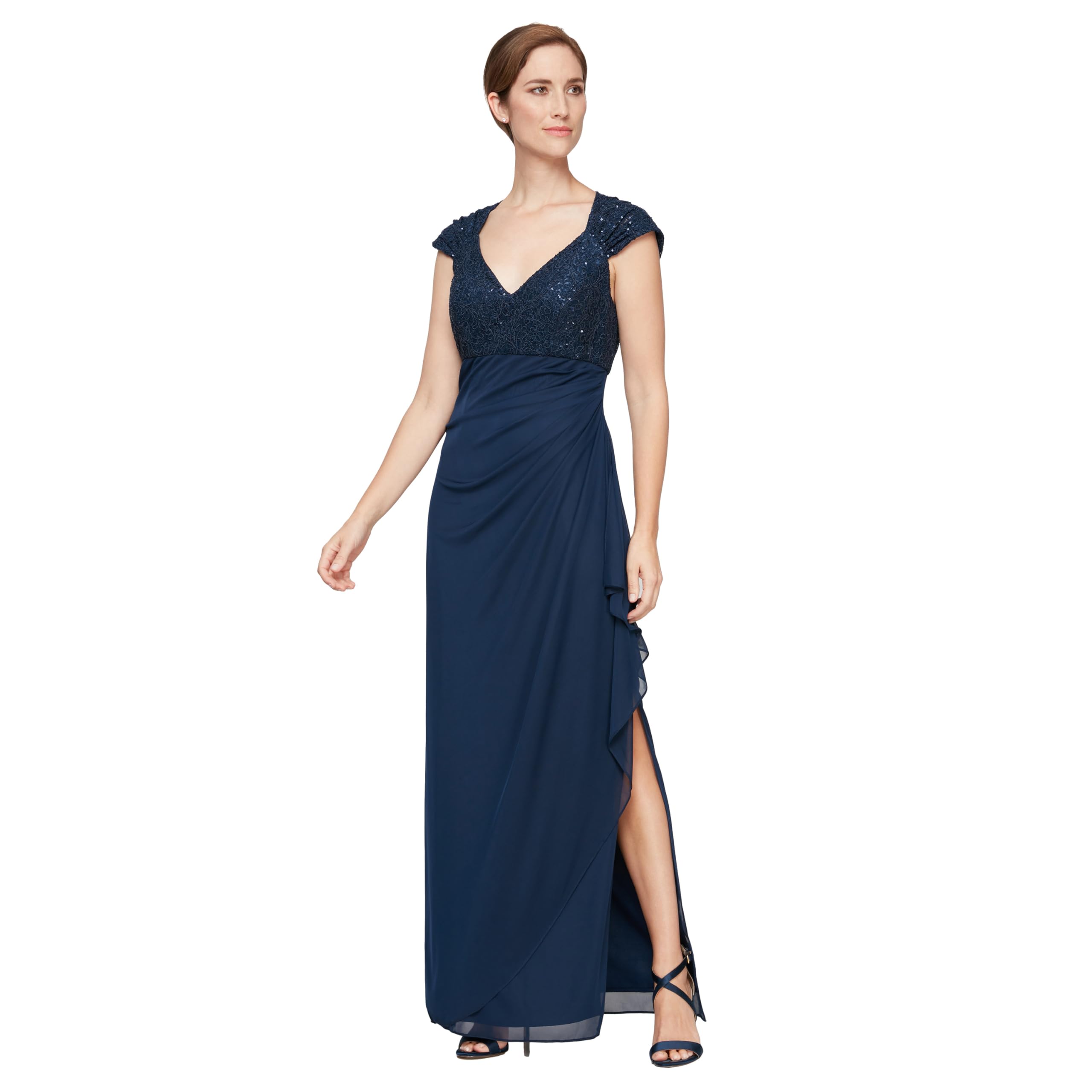 Alex Evenings Women's Long Stretch Sequin Bodice Mother of The Bride Dress with Empire Waist (Petite and Regular Sizes)