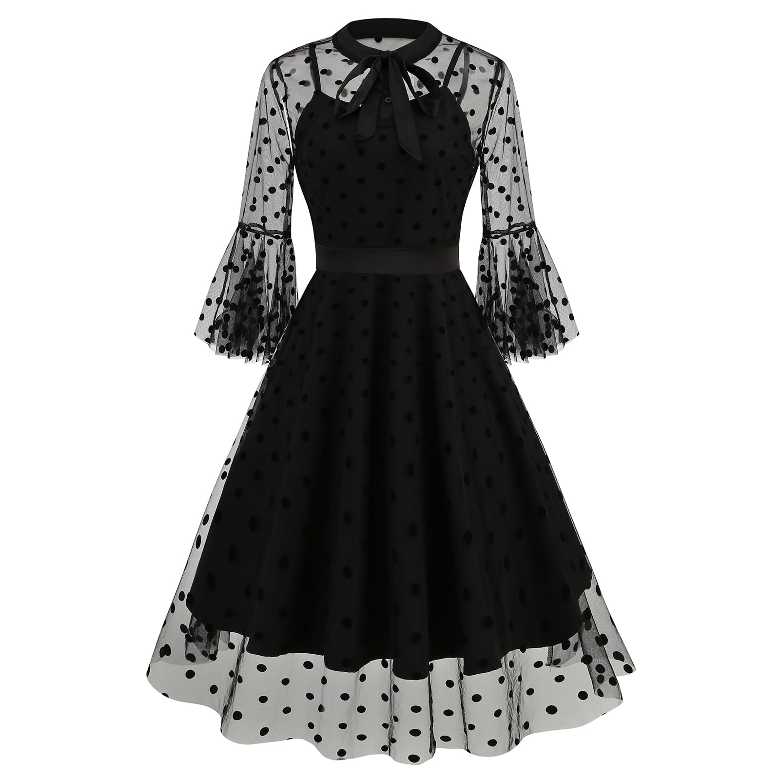 Women Mesh Floral Embroidery Vintage Cocktail Swing Dress Illusion 50s Goth Flared A line Casual Wedding Prom Evening Dress