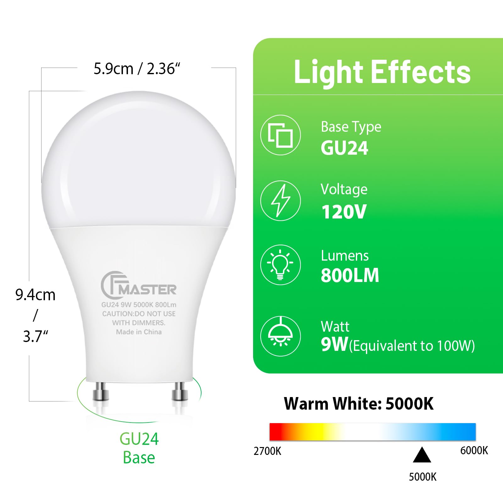 GU24 LED Llight Bulb, 3000K Warm White, 9W(100W Equivalent), 800 Lumens, A19 Shape GU24 LED Bulbs, Twist and Lock GU24 Pin Base with Two Prongs, Non-Dimmable(4-Pack)
