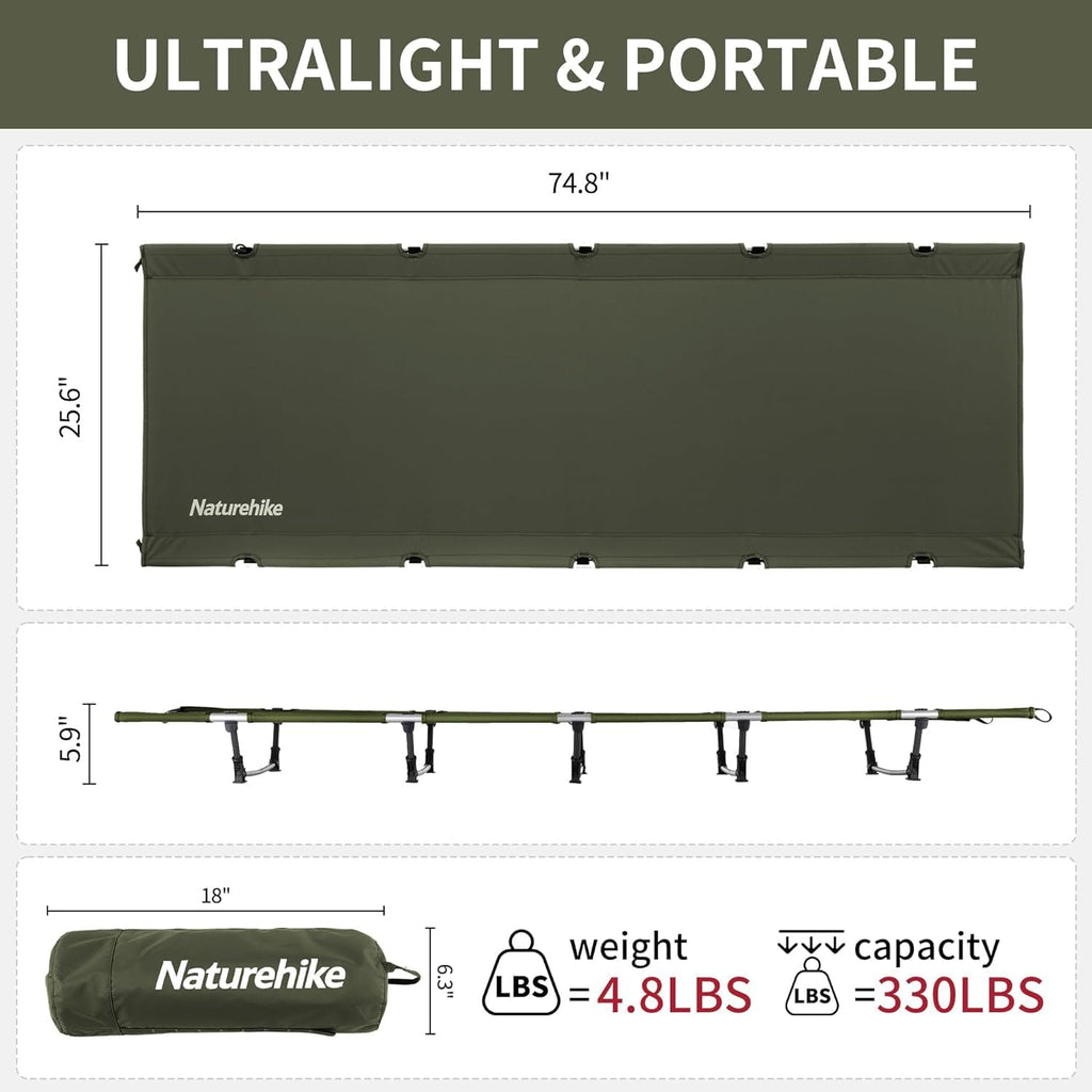 Naturehike Ultralight Camping Cot, Easy to Assemble Folding Tent Cot, Compact & Protable Camping Bed for Camping, Mountaineering, & Hiking, Supports 330lbs with Carry Bag, Kahki