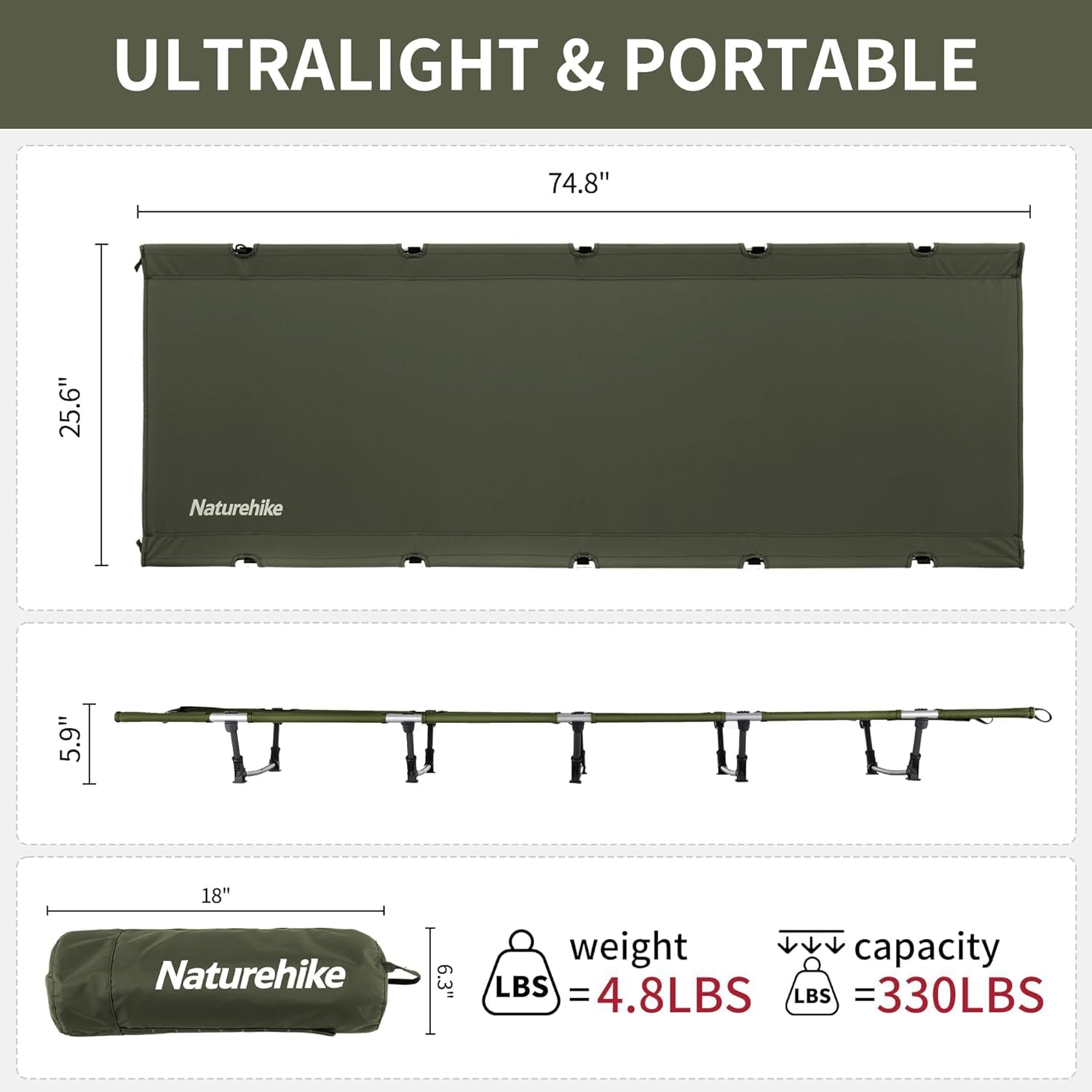 Naturehike Ultralight Camping Cot, Easy to Assemble Folding Tent Cot, Compact & Protable Camping Bed for Camping, Mountaineering, & Hiking, Supports 330lbs with Carry Bag, Kahki