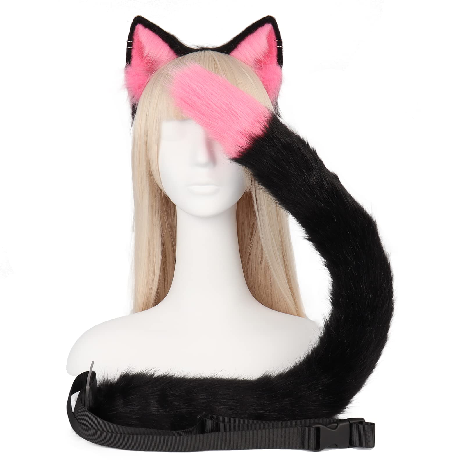 QinRuan Animal Cosplay Costume Accessories Furry Faux Fur Cat Ears Headband and Fox Tail Set Halloween Accessory