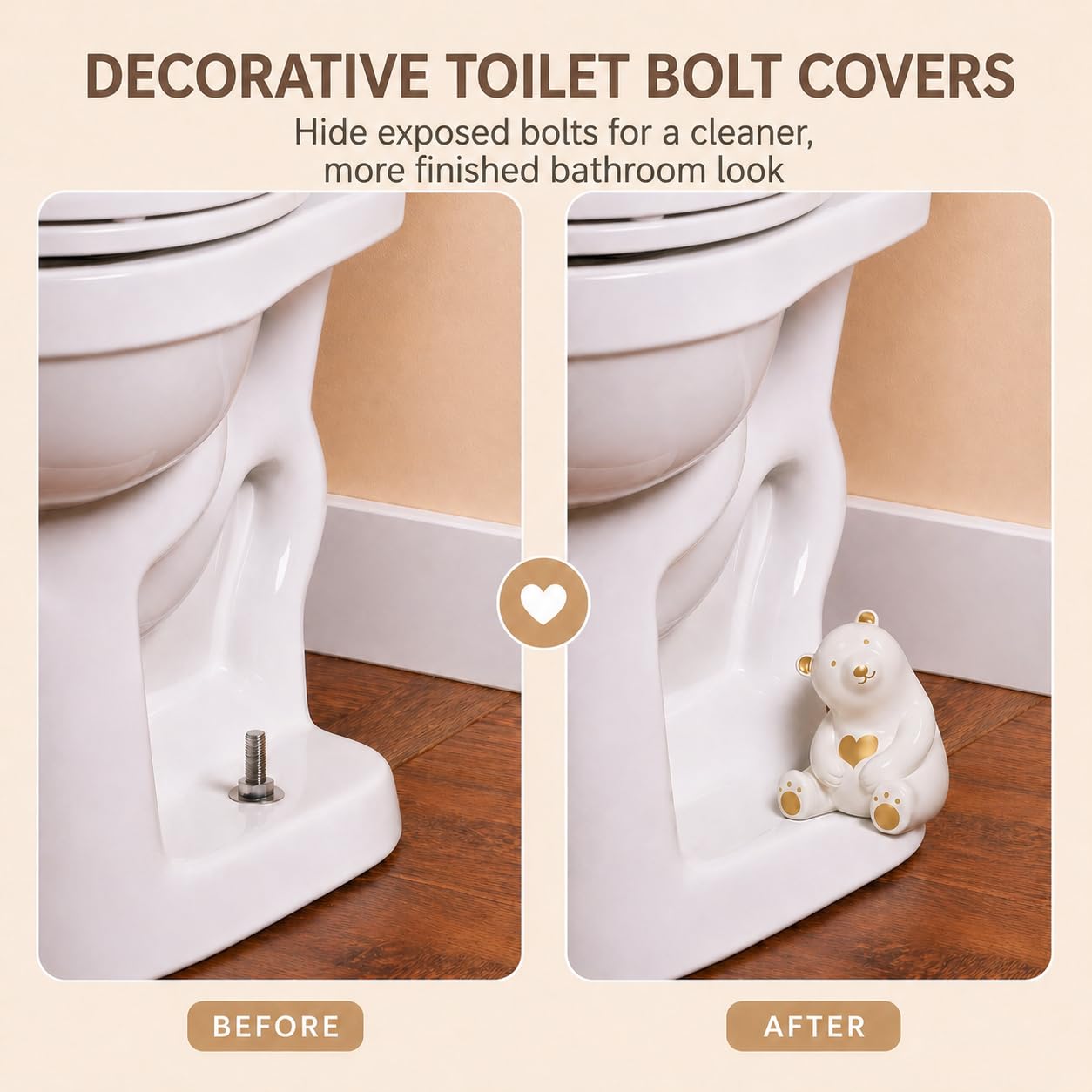 MENNTY Black Polar Bear Toilet Bolt Covers Decorative - 2 Glossy Black Ceramic Toilet Bolt Caps + 4 Universal Toilet Caps for Bottom of Toilet, Modern Monochrome Bathroom Decor