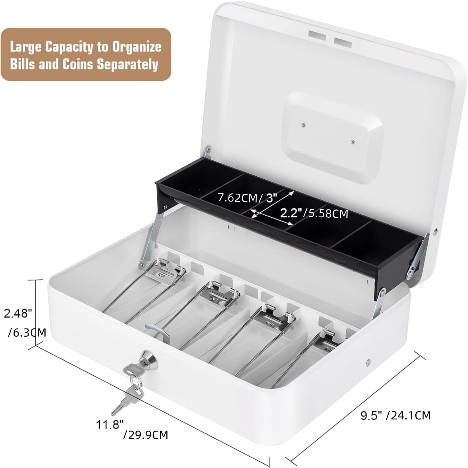 Cash Box with Money Tray and Key Lock, Saving Lock Box with Money Tray Storage for Cash Register 11.8"x9.45"x3.54" Black XL Large