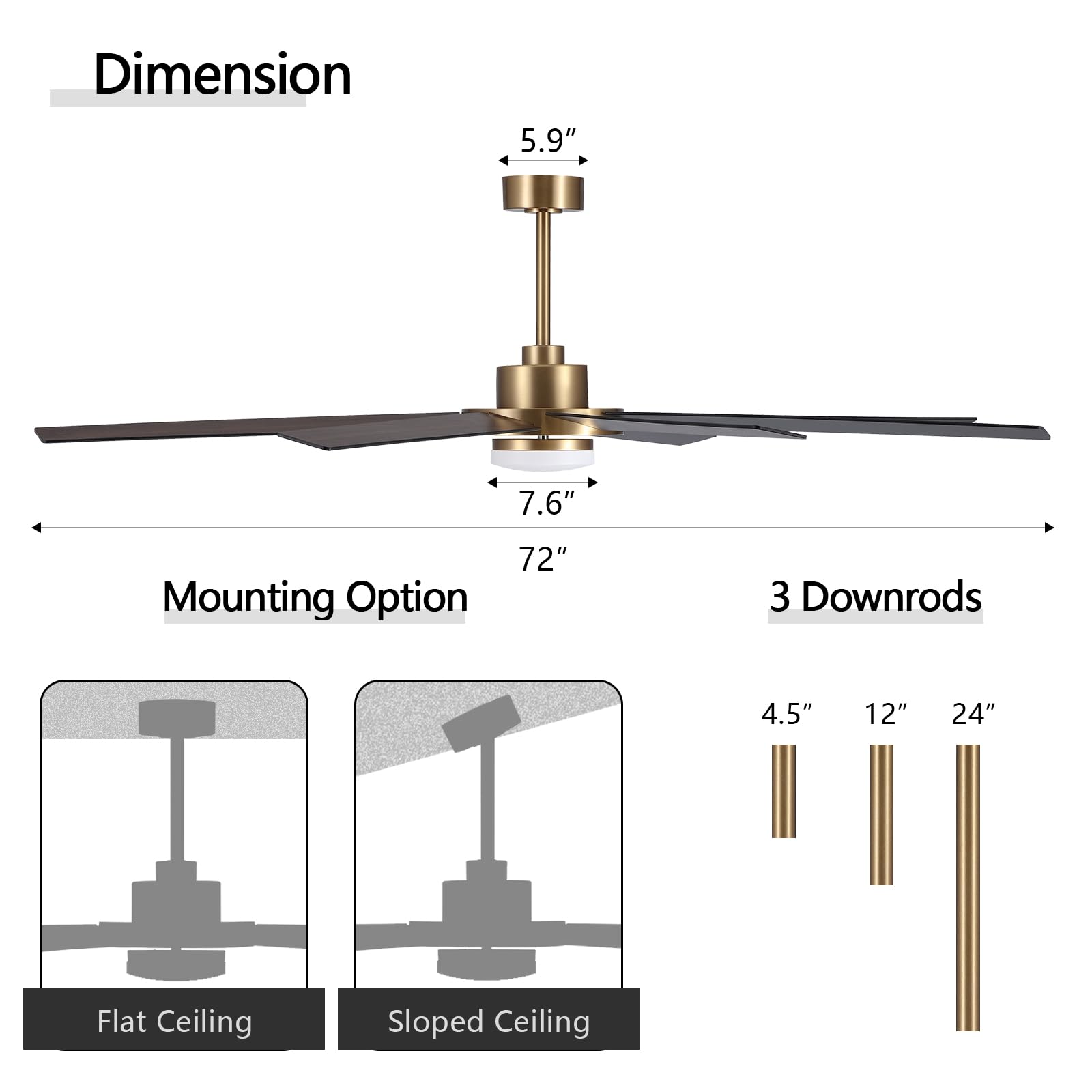 WINGBO 60" Ceiling Fan with Light and Remote Control, 6 Speed Reversible DC Motor, Dimmable LED Light, for Home and Commercial Use, Living Room/Shop/Warehouse Black/Walnut