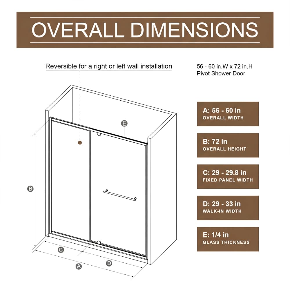 28” x 72” Pivot Shower Door, 1/4 inch Tempered Glass Panel Pivot Swing Shower Door in Matte Black Finish, Semi-Frameless Design