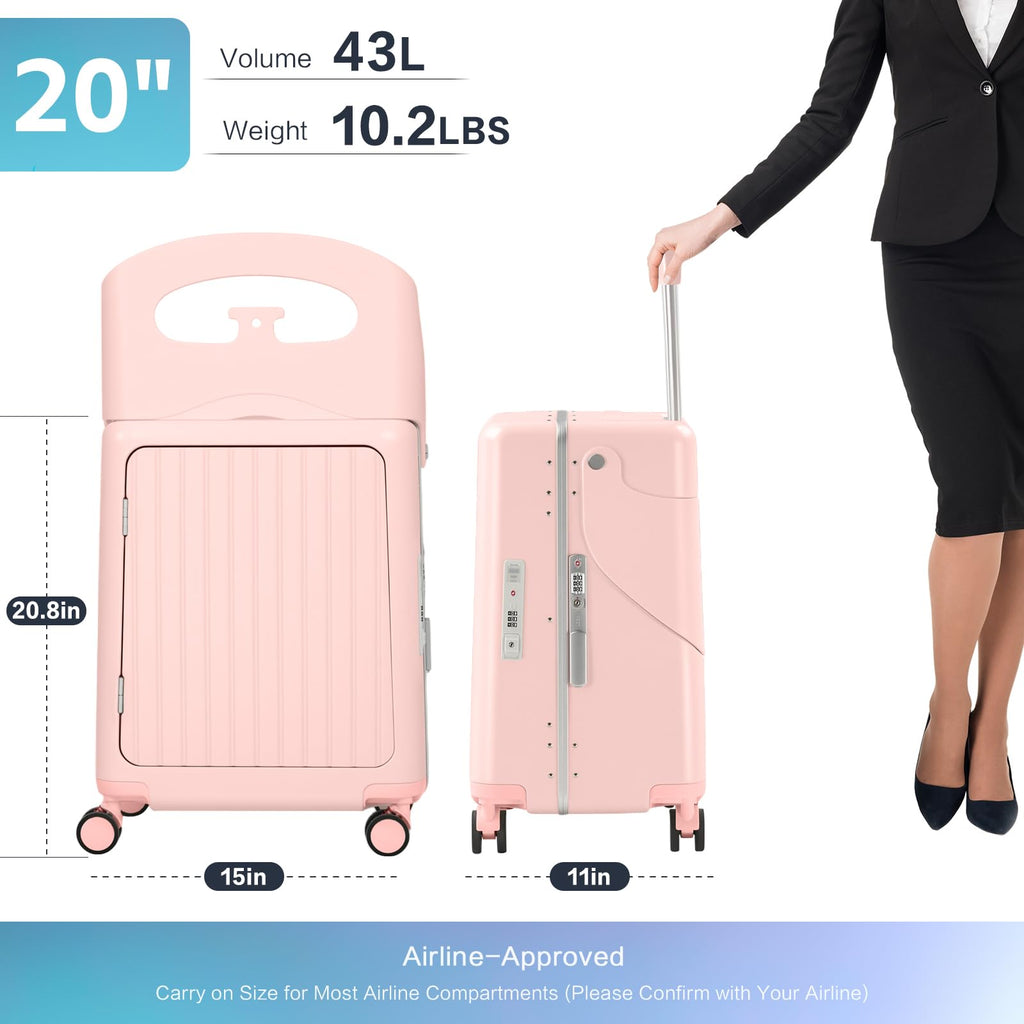 smilesun 20" Carry On Luggage with Seat For Kids & Adults，Hardside Ride On Suitcase Front Opening with 360°Spinner and TSA Lock For Travel (Black with Front Open, 20")
