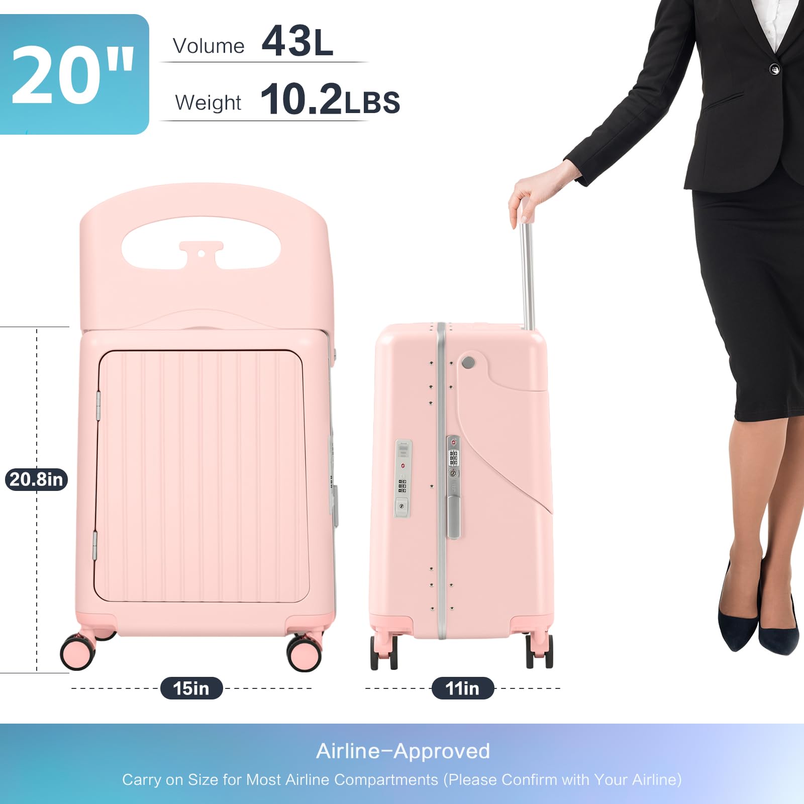 smilesun 20" Carry On Luggage with Seat For Kids & Adults，Hardside Ride On Suitcase Front Opening with 360°Spinner and TSA Lock For Travel (Black with Front Open, 20")