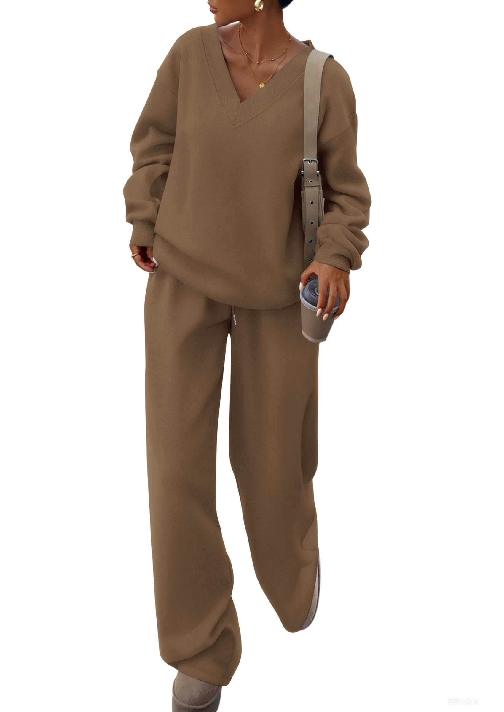 PRETTYGARDEN Casual Winter Two Piece Sets for Women 2026 V Neck Sweatshirt Loose Wide Leg Pants Tracksuit Knit Fall Outfits