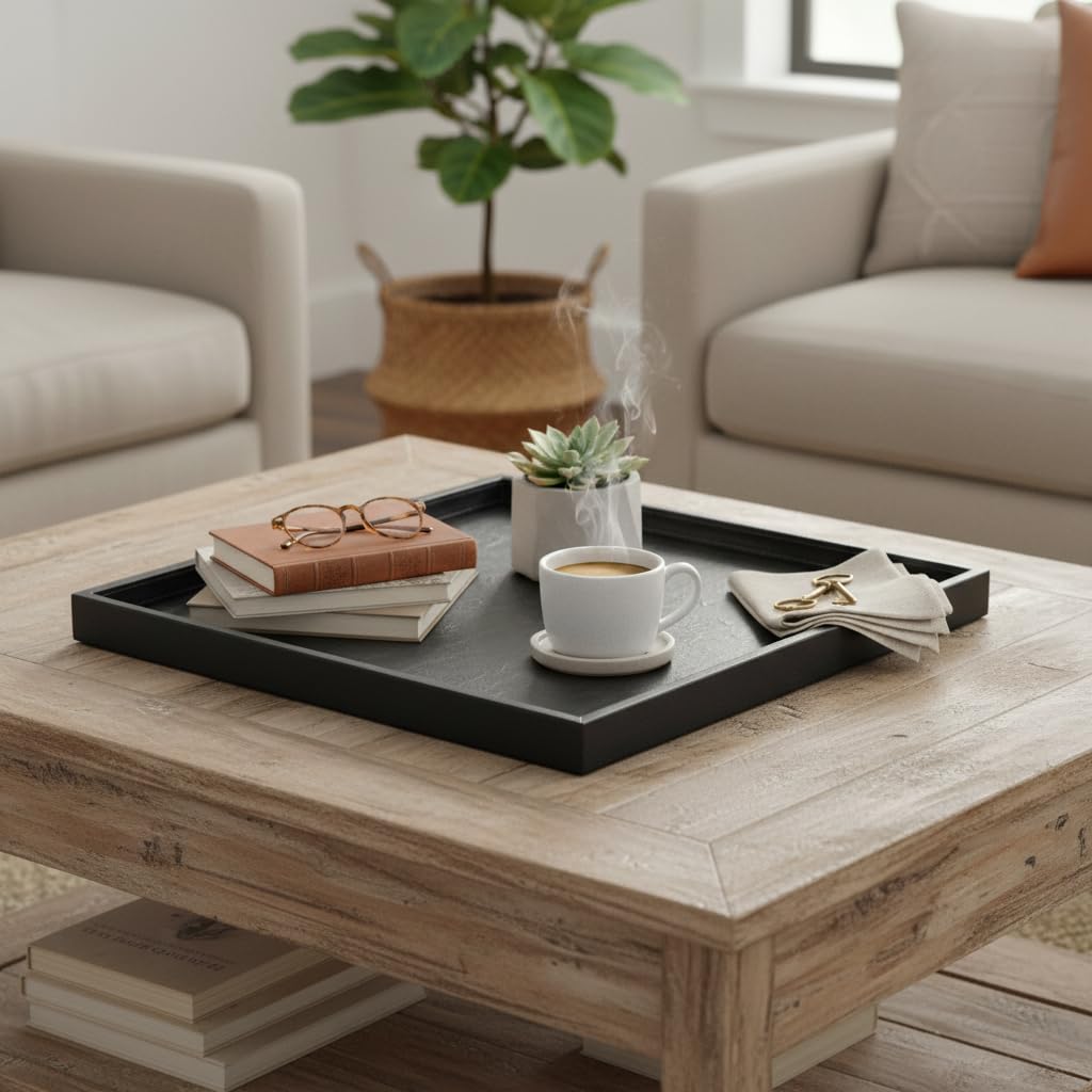 20x20 Inch Square Ottoman Tray - Faux Leather Large Serving Tray for Couch/Coffee Table, Family Dinner, Picnic, Party Decor (Beige)