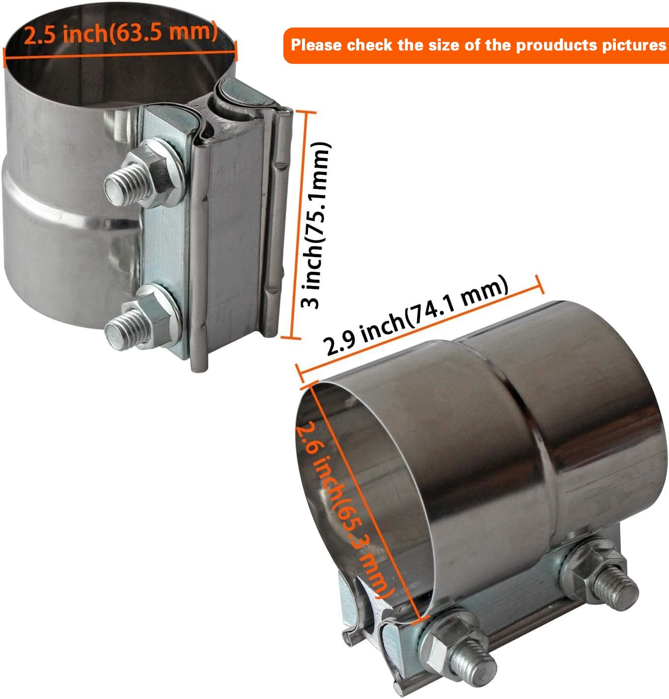 Exhaust Clamps Band Clamp 2.5" Lap Joint - Stainless Steel Lap Joint Exhaust Band Clamp with 1 Block 2Pcs for 2.5" Od to 2.5" Id Exhaust Pipe, Muffler, Elbow and Exhaust Tubing Connection(2 Pack)