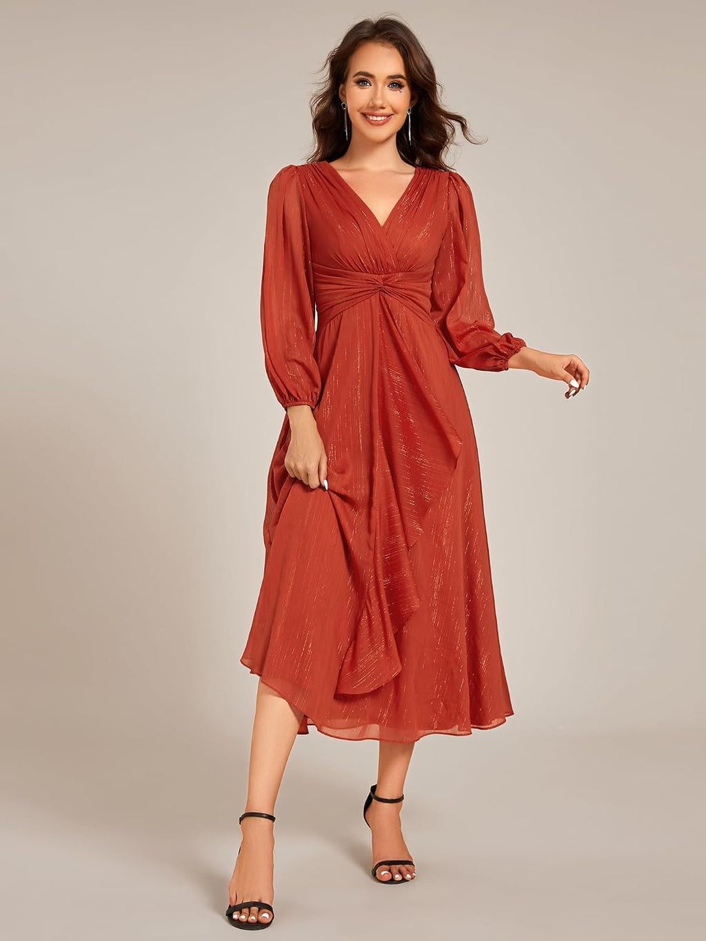 Ever-Pretty Women's Elegant Formal Evening Dress A-Line Ruched V-Neck Long Sleeves Tea-Length Wedding Guest Dresses