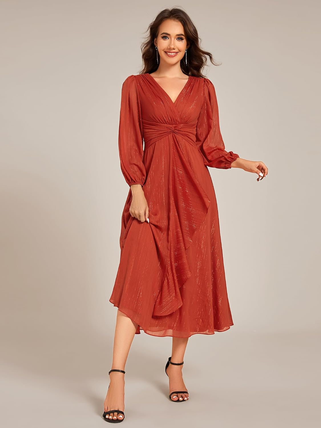 Ever-Pretty Women's Elegant Formal Evening Dress A-Line Ruched V-Neck Long Sleeves Tea-Length Wedding Guest Dresses