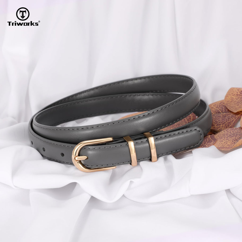 TRIWORKS 2 Pack Women Skinny Leather Belts for Jeans Pants Thin Faux Leather Belt with Gold Buckle