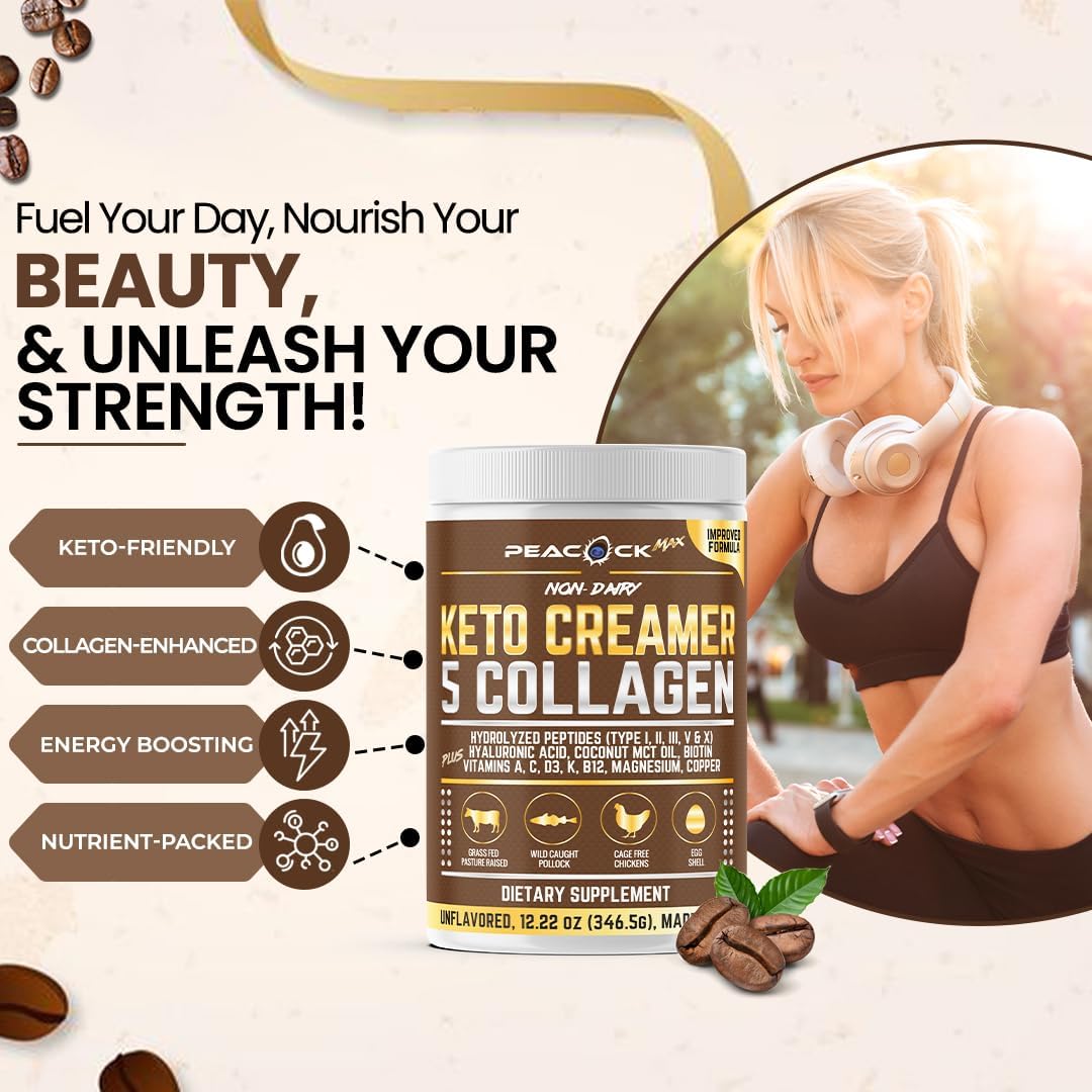 Collagen Keto Coffee Creamer Powder 12.2 oz - Hydrolyzed Collagen Peptides with Coconut MCT Oil, B12, Magnesium, Unflavored Protein Powder, Sugar Free Coffee Creamer for Smoothies & Baking