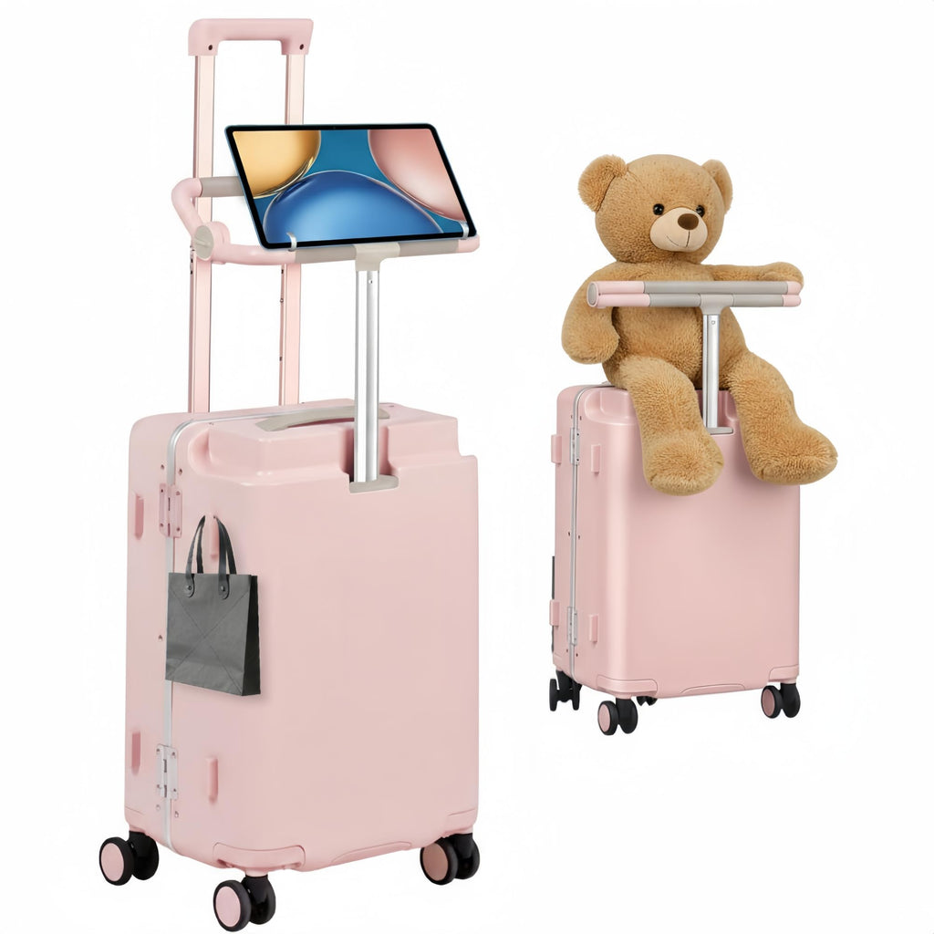 smilesun 20" Carry On Luggage with Seat For Kids & Adults，Hardside Ride On Suitcase Front Opening with 360°Spinner and TSA Lock For Travel (Black with Front Open, 20")