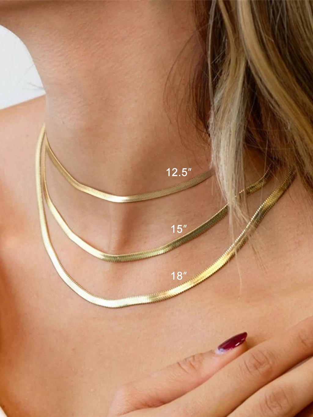 FOCALOOK 14K Gold Plated Necklaces for Women, Fashion Herringbone Choker Necklace Stainless Steel Flat Snake Chain 3/5MM(W) 12.5"/15"/18"+3.5"(L)