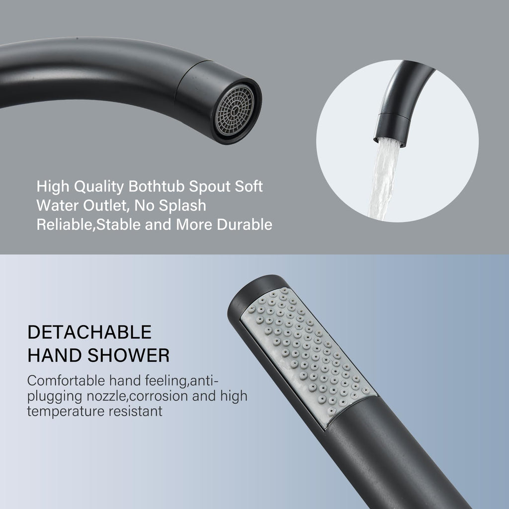 Brushed Gold Freestanding Bathtub Faucet with Hand Shower Tub Filler Faucet Floor Mounted High Flow Single Handle Bath Filler Solid Brass