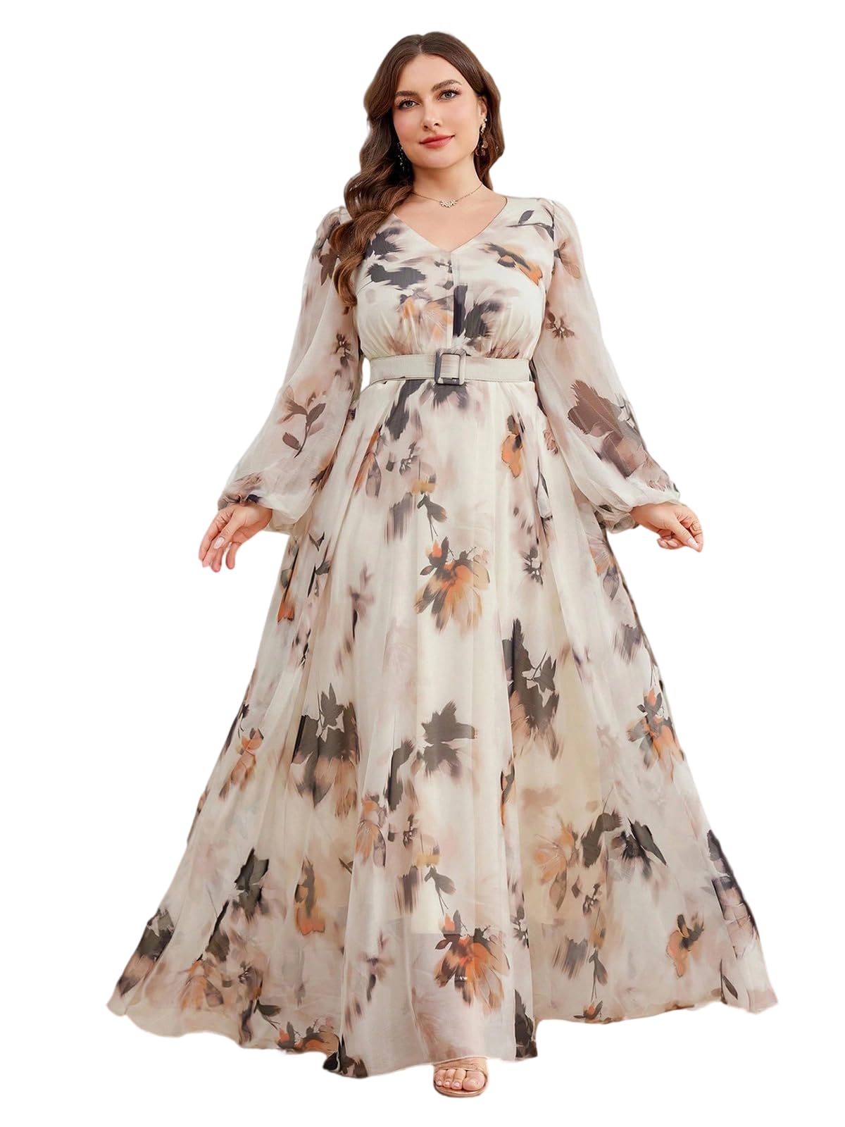 Spring Summer 2024 Plus Size Womens Dresses V Neck Casual Elegant Long Sleeve Floral Print Maxi Dress