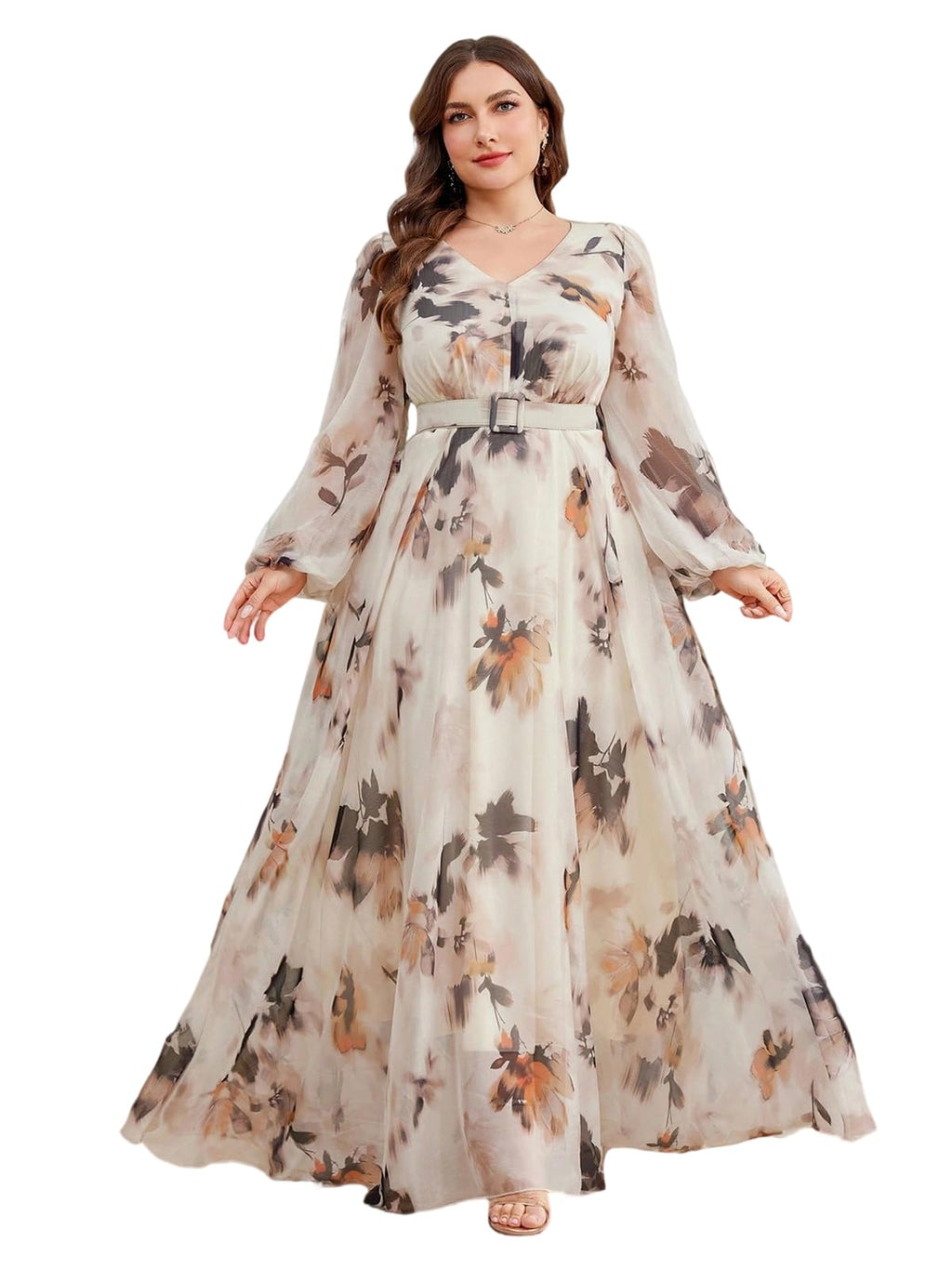 Spring Summer 2024 Plus Size Womens Dresses V Neck Casual Elegant Long Sleeve Floral Print Maxi Dress