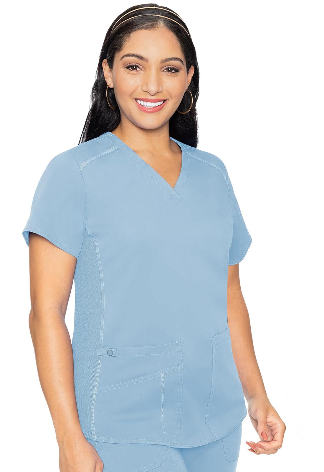 Med Couture V-Neck Scrub Top for Women with 4 Pockets, Rib-Knit Side Panel, and Shirttail Hem MC7459