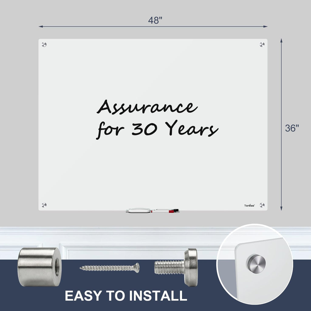 Dry Erase Board Black Magnetic Glass Whiteboard, TANKEE Modern Large Frameless Tempered Glass White Board for Wall, Office, School, Home, 36” x 24”, 3' x 2' White Board