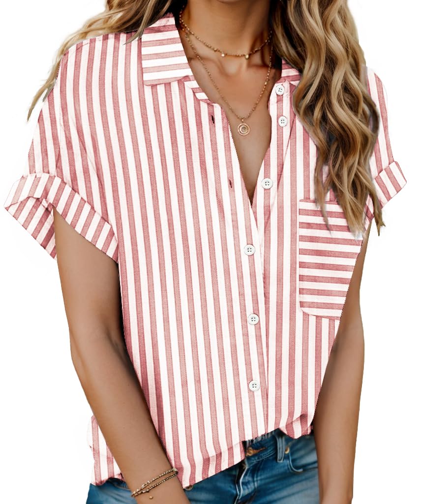 HOTOUCH Linen Shirts for Women Button Down Short Sleeve Tops Cotton Blouses Collared Button-up Beach Vacation Outfits
