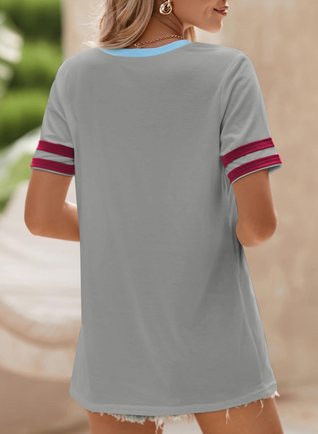 SHEWIN Women's Fashion Casual Crewneck Color Block T Shirts Short Sleeve Summer Tops Tees Slim Fit