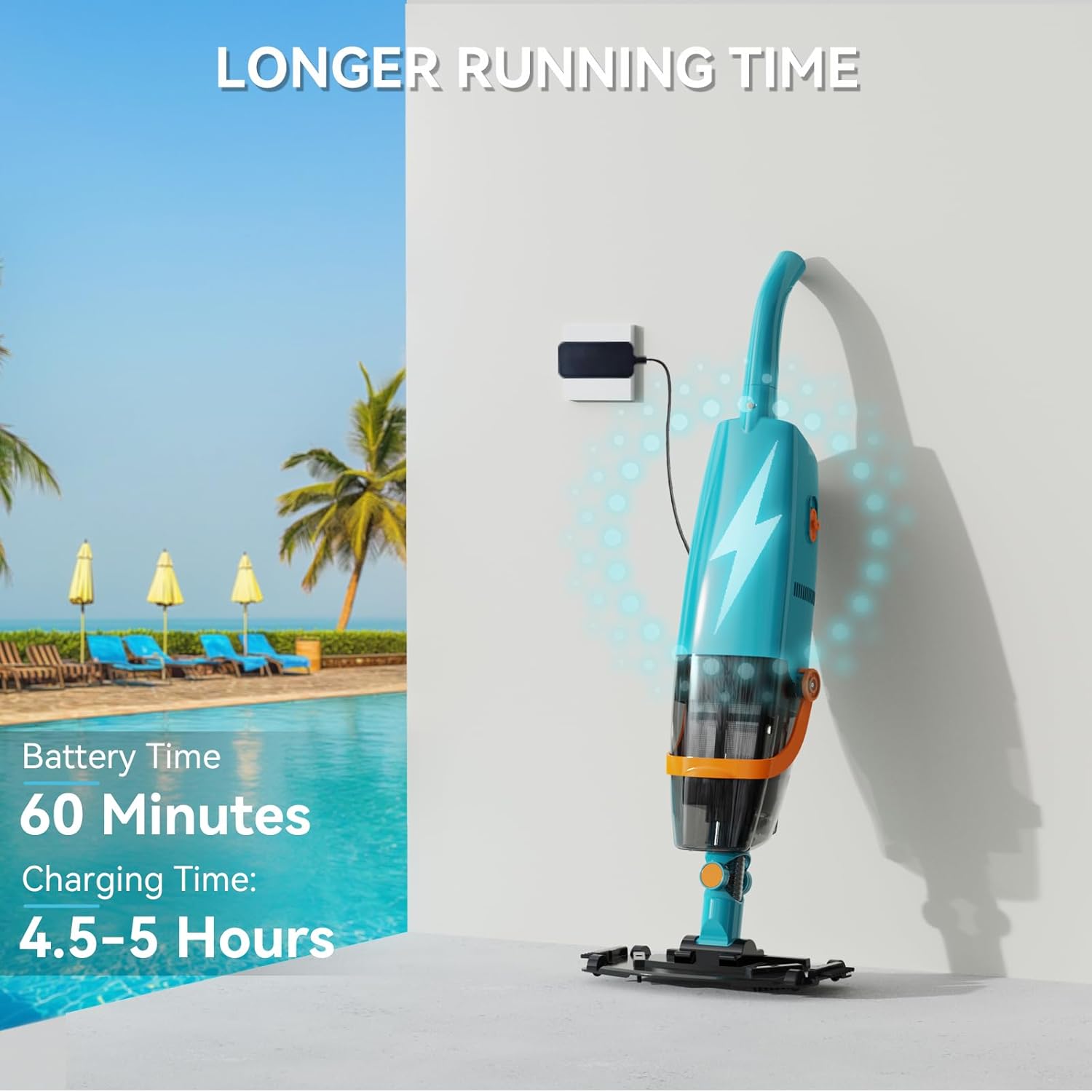 LVKE L2 Cordless Handheld Pool Vacuum for Above Ground Pool with Telescopic Pole, Strong Suction Power, Ideal for Deep Pool Cleaning, Blue