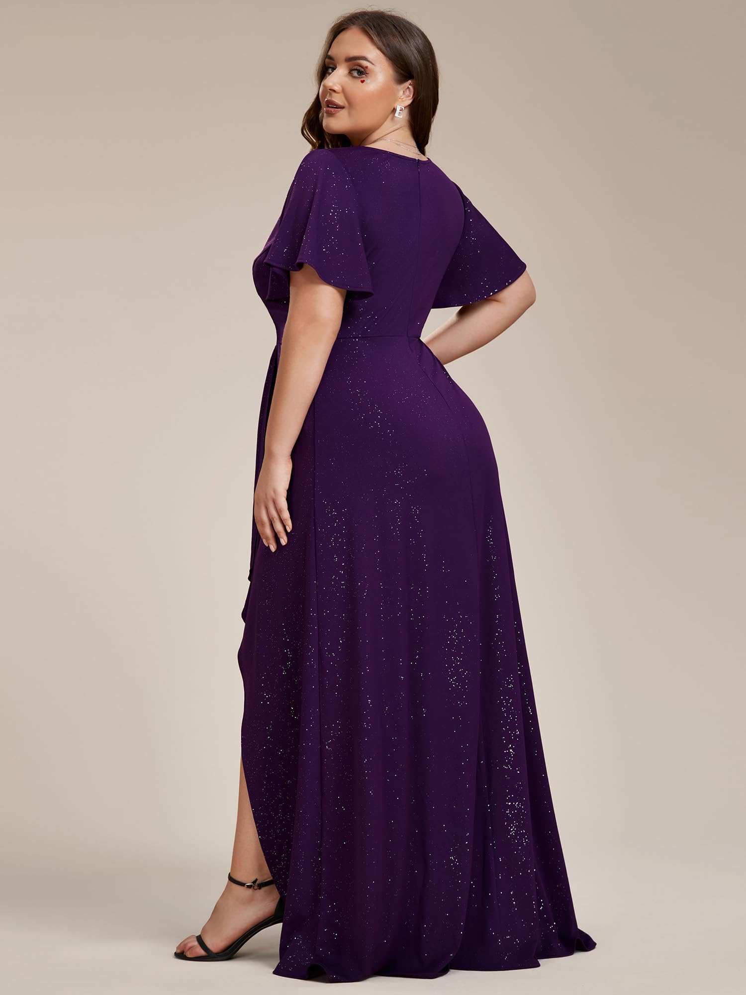 Ever-Pretty Glitter Formal Dresses for Cuvvy Women Plus Size A-line High Low Wedding Guest Gala Dress with Ruffles Sleeves
