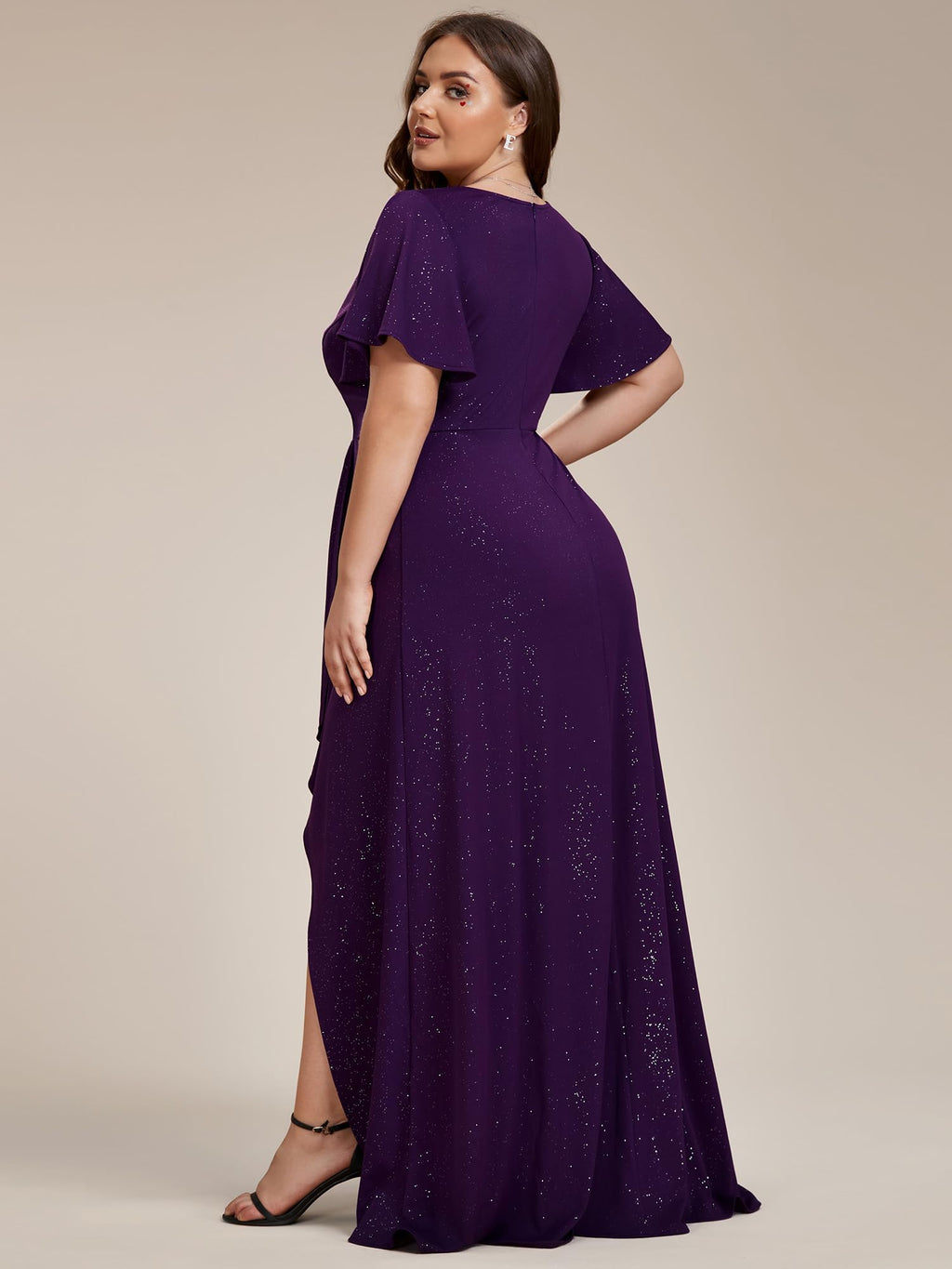 Ever-Pretty Glitter Formal Dresses for Cuvvy Women Plus Size A-line High Low Wedding Guest Gala Dress with Ruffles Sleeves