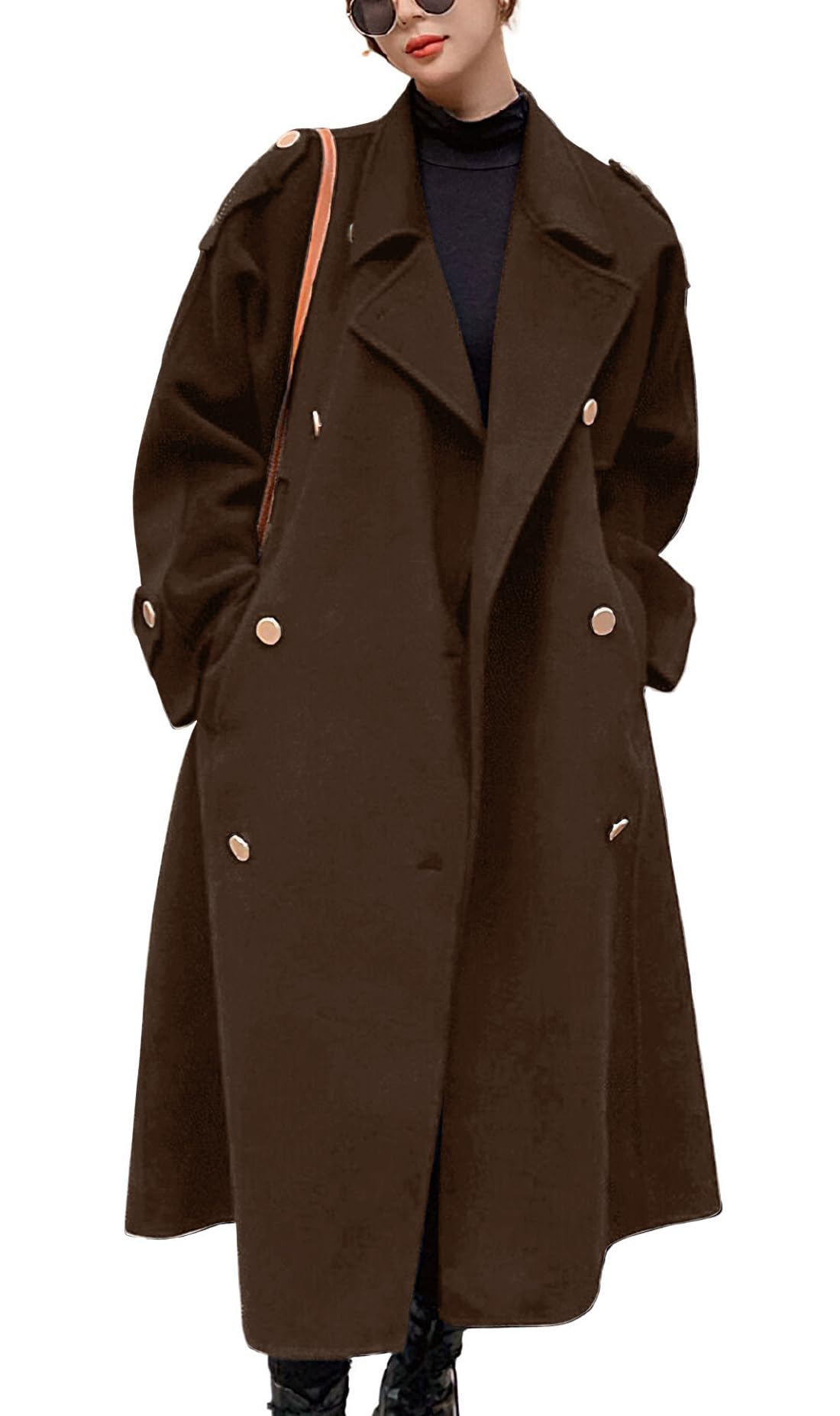 chouyatou Women's Winter Double Breasted Midi Long Wool Pea Coat Notch Lapel Winter Trench Coat