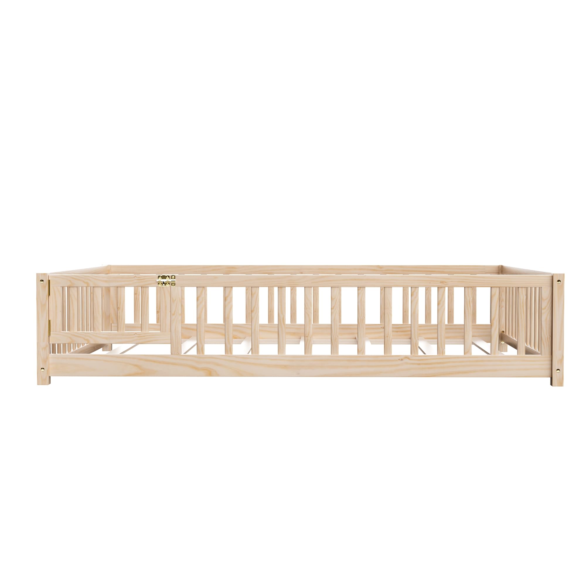i-POOK Queen Floor Bed for Children, Sturdy Wood Montessori Bed Frame with Wood Slats, High Fence & Small Door for Girls and Boys, Espresso (with Bed Slats)